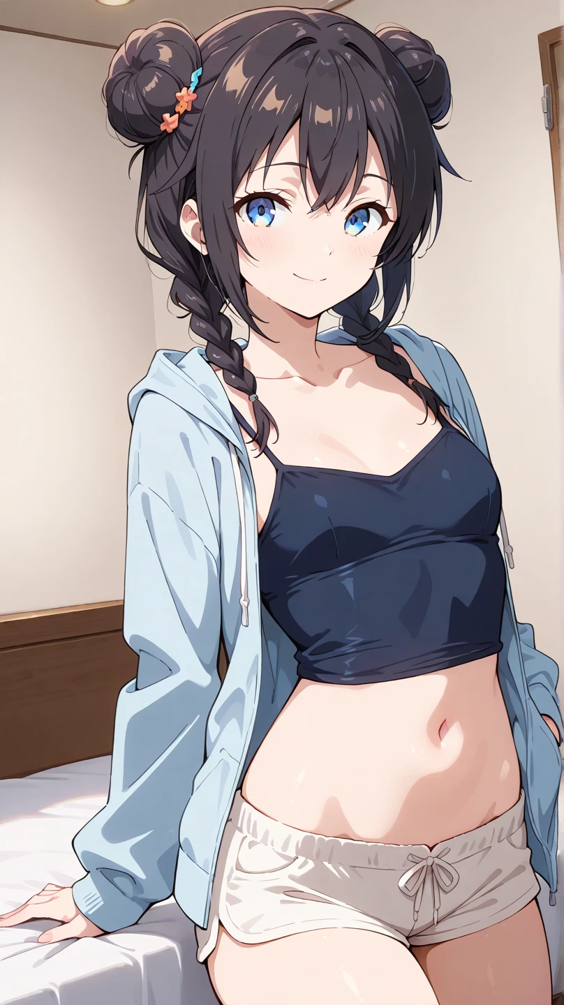 (((((ultra-detailed, disheveled hair, beautiful detailed eyes, beautiful, amazing, detailed eyes, detailed glans, detailed small penis, perfect hands, masterpiece, best quality))))), (first_person_view), solo_focus, nsfw, shiny skin, ((pov, Angle from above)), break,
(((1cutemales))), solo, hetero, (((short stature))), Thick thighs, ((medium layered hair, blue eyes)), orgasm, loves smile, Estrus face, break, (((clothed, wear clothes, clothing, White tank top, short pants))), (bulge), ((puffy nipple bulge, small cute testicles bulge, femboy bulge)), (Body line is emphasized), break, location, indoors,