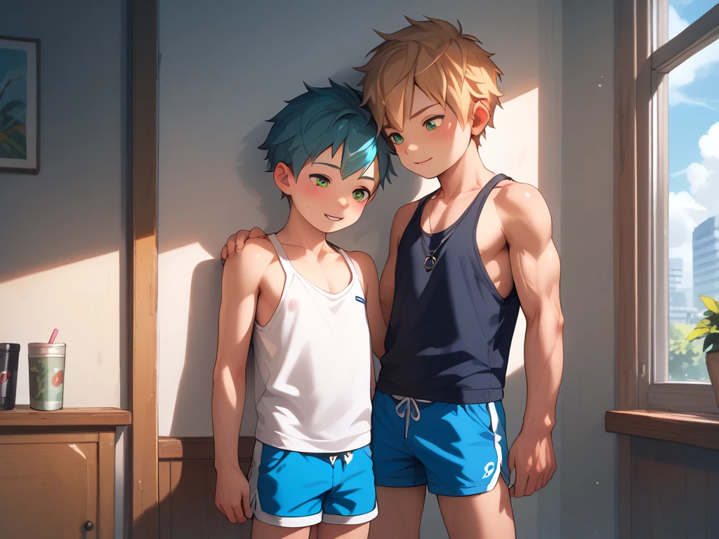 A thin twelve-year-old blond elf boy in a tank top and shorts barefoot 