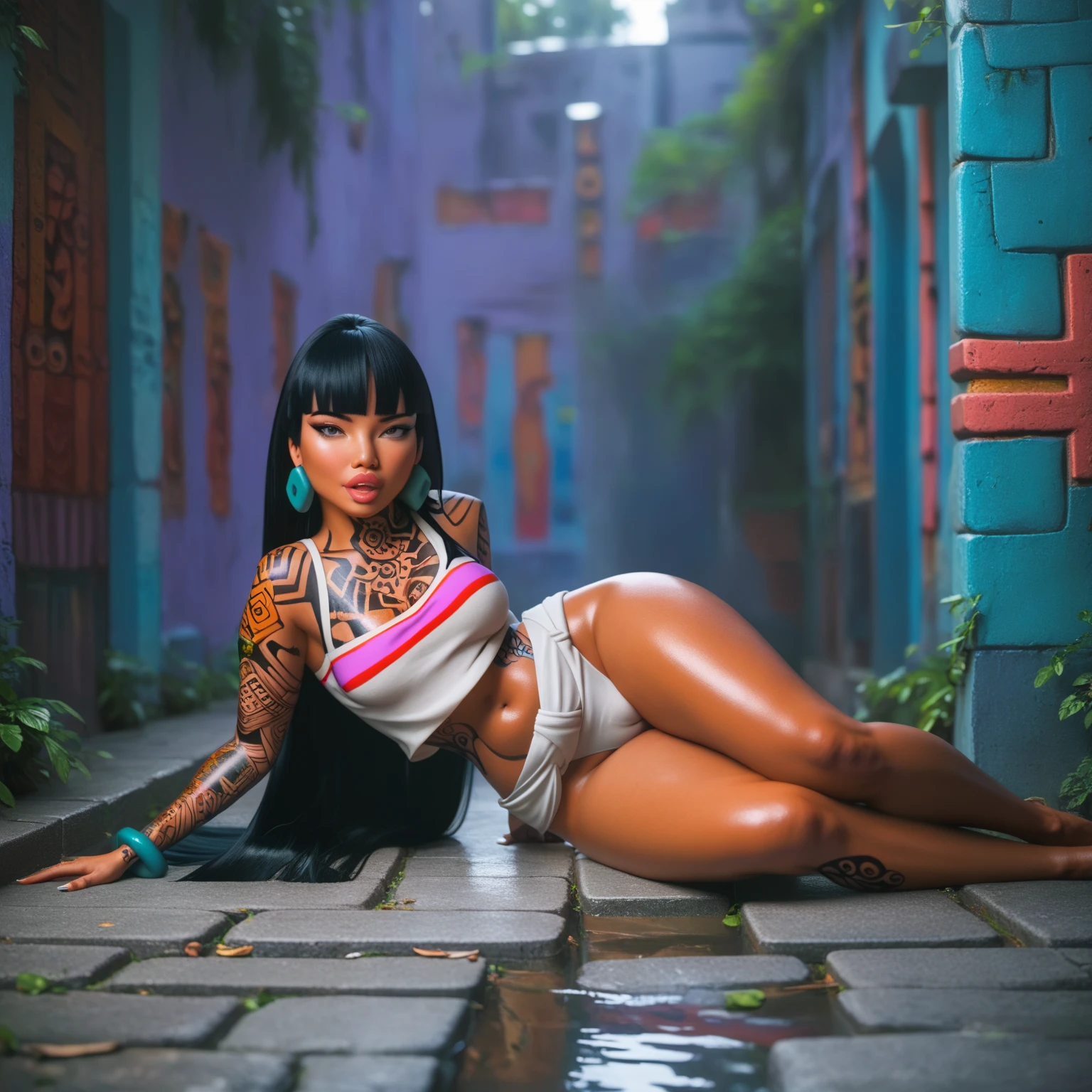 beautiful indonesian balinese girl, showing butt and backside, wearing lingerie, lascivious, detailed (shaggy skin:0.7), heavy breathing, open mouth, sexual expression, (((red, orange, yellow, green, blue, indigo, violet))) wooden floor, light walls, illuminated ceiling, sharp focus, balance, in-frame, private luxury interior hotel room style balipunkai, (8k, RAW photos, best image quality, masterpieces:1.4), (realistic, photorealistic: 1.4), (((full shot:1.4))), dynamic angle, (no crop), (((no closeup)))