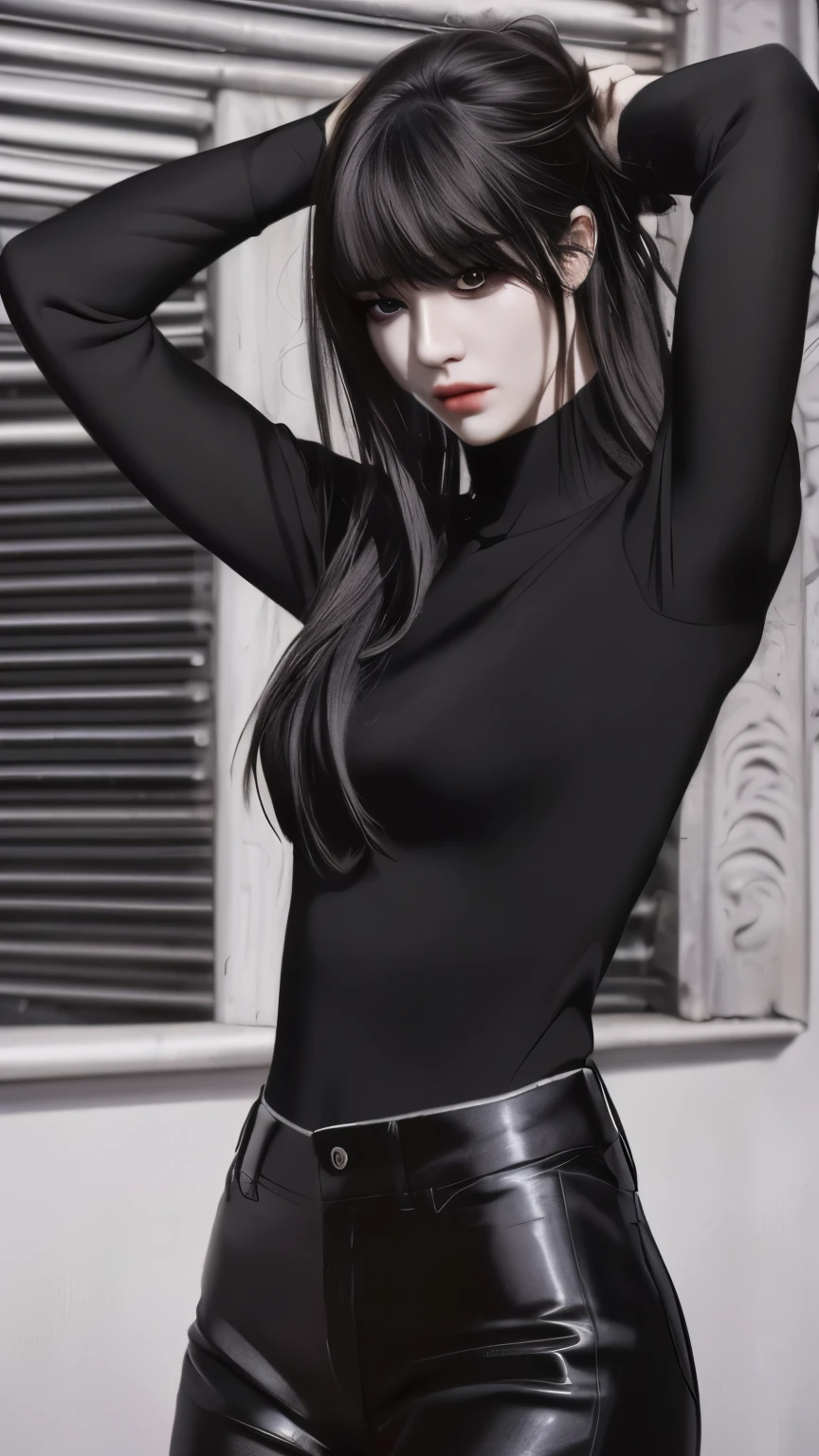(Photorealistic: 1.5),long black hair,black pupils,cat eyelashes,wearing white shirt and black pants with black tie,highly detailed,high quality,high resolution portrait