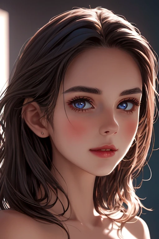 (realistic, photo-realistic:1.37),(8k, RAW photo, best quality, masterpiece:1.2), cute, ultra-detailed,heart-shaped pupils,physically-based rendering, ultra high res, kodakvision color, shot on Arricam LT Camera, bokeh, sharp focus,
looking at viewer,photorealistic,realistic, solo, photorealistic, best quality,extremely detailed face,extremely detailed eyes and face, beautiful detailed eyes,absurdres, incredibly absurdres,haunting smile,Messy hair, floating hair, ,