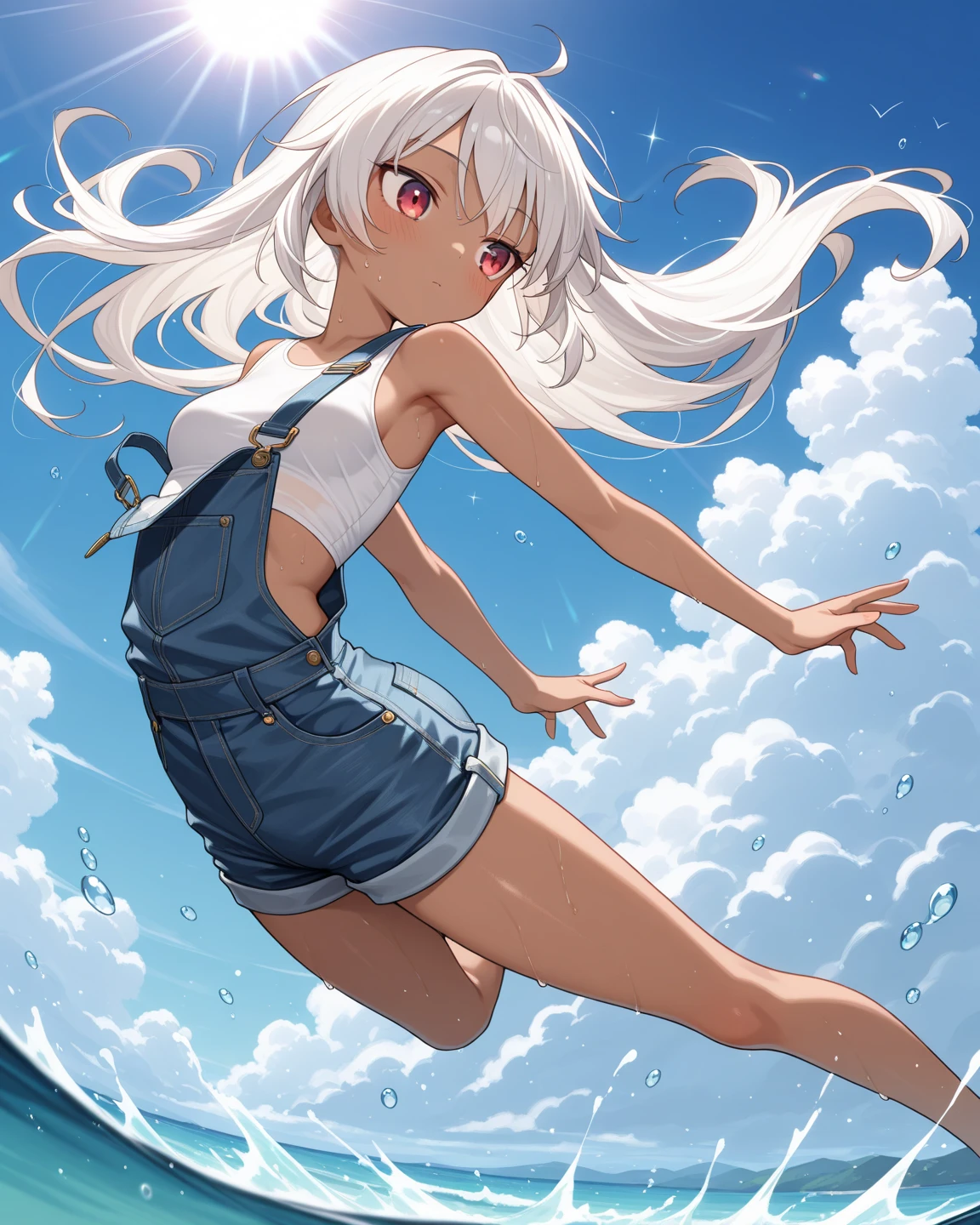 sandy beach,braids,white hair,wearing a hoodie over a bikini,jumping,short skirt,Stick Out Tongue