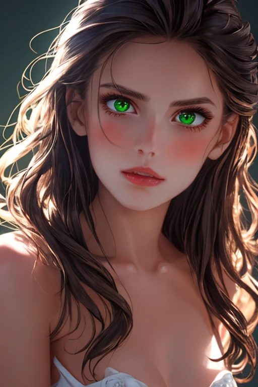 Best Quality, Masterpiece, Ultra High Resolution, (Realisticity: 1.4), Original Photo, 1Girl, Green Eyes, Off-the-Shoulders, Cinematic Lighting