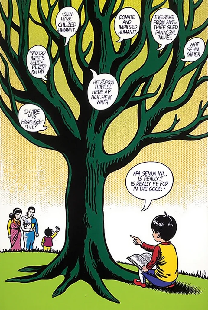 Make it pop art illustration mode The Child and the Pancasila Tree"
A small child sits alone reading the book “What is Fair?” under a large cartoon-style tree, The leaves form Pancasila silas like speech balloons.
Child points to one balloon reading “Just and Civilized Humanity”.
Di sisi lain pohon, three figures from the previous panel are still busy donating and imposing kindness, not looking at the child.
The balloon of the child's mind: "Apa semua ini... is really for the good?"
Warna latar: warm yellow orange Ben-Day dots — gives the impression of twilight rays, moment of gentle but tickling contemplation.