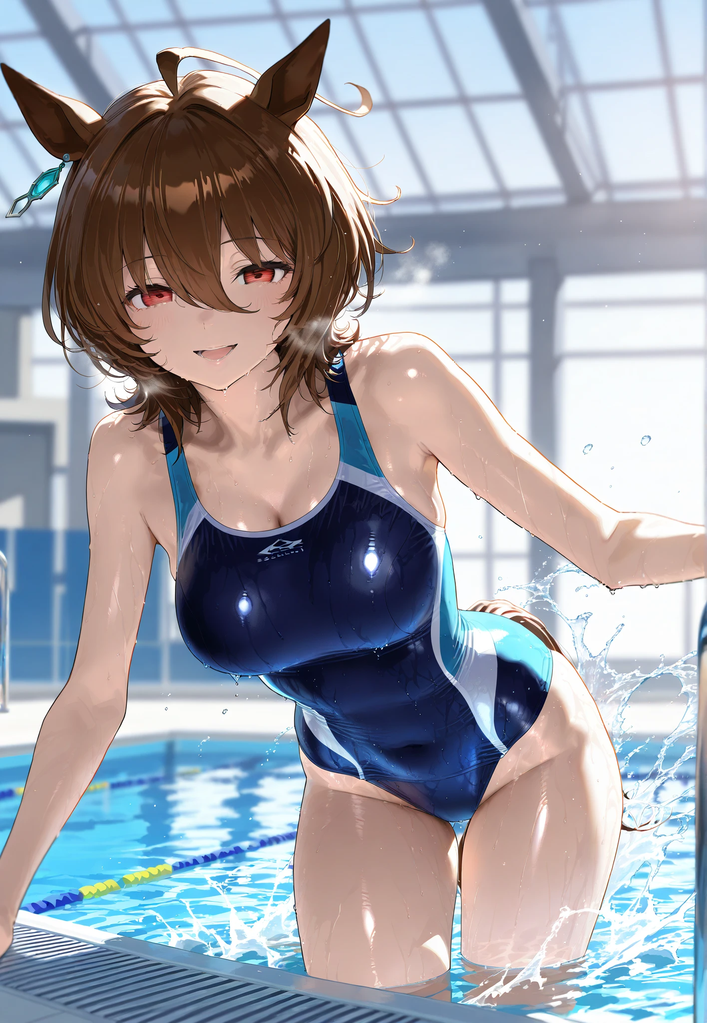rating_explicit, anime coloring, (anime cels style, high resolution, photorealistic), nsfw, (super fine illustration:1.3), (best quality:1.2), (masterpiece:1.2), top-quality, delicate features, delicate skin, beautiful lighting, ((1girl)), perfect face, perfect eyes, detailed hair, outfit perfect, beautiful breasts, perfect body, perfect anatomy, perfect chest, perfect hips, perfect legs and feet, perfect hands, perfect fingers, ((large breasts:1.4)), (small nipple:1.1), beautiful thigh, beautiful legs, curvy body, Attractive body, Voluptuous body, Attractive legs, ultra detailed eyes, Erotic, Pupils, sexy pose, dynamic pose, dynamic background, (shiny skin:1.2), ultra detailed clothing, pretty, cute, ((oily skin:1.3)), (Super oily and shiny skin with fine texture:1.1), beautiful oil-covered thighs, blush, (light smile:1.4), open mouth, (orgasm), afterglow, (small labia majora:1.2), (small beautiful areola:1.3), (beautiful nipples:1.2), (perfect proportions), (sweat-soaked body), (((dark blue color Competitive swimsuit:1.4))), (((beautiful dark blue and white two-tone one-piece Competitive swimsuit:1.4))), body is wet, shiny swimsuit, shiny clothes, shiny body, BREAK, ((clothed)), ((invisible breasts)), ((covered breasts:1.5)), BREAK, ((outdoors school pool)), blue sky, beautiful light blue water surface, sensual look, 1 cute girl, (close to viewer), cowboy shot, intricate, (breast squeeze), breast grab, (sitting on boy), (girl on top), (1boy), penis, hetero, sweat, penis, pussy, solo focus, spread legs, legs up, cum, sex, vaginal, (swimusuit aside), cum in pussy, straddling, cowgirl position, motion lines, motion blur, ((facing the front, straight-on:1.5)), cameltoe, navel focus, blowing in the wind, flutter, kyoto style, point of view shot, front view, more detail XL, absurdres, ((arihara)), ((motion sex), anime, fine anime screencap, official art, official style, megami magazine,                   
