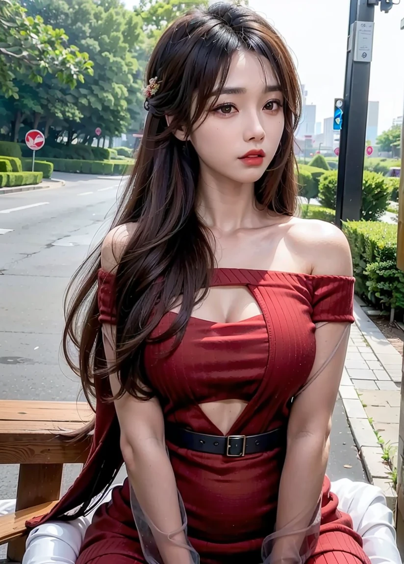 play sports often, long hair、(Red knitted dress:1.5), (black hair)、(cleavage:1.2)、No panties, (Cyberpunk settings: 1.2), compensate,, (1 girl: 1.4), highest quality, masterpiece, (reality: 1.2), young woman, lady, detailed face, fine eyes, fine hair, fine skin, looking at the viewer, dramatic, vibrant, sharp focus, 50mm, f1.2, EOS R8, (3/4 body: 1.2), (Inside the bus in the background: 1.6), (highest qualityの詳細: 1.2), 8K HD,(spread legs:1.2),