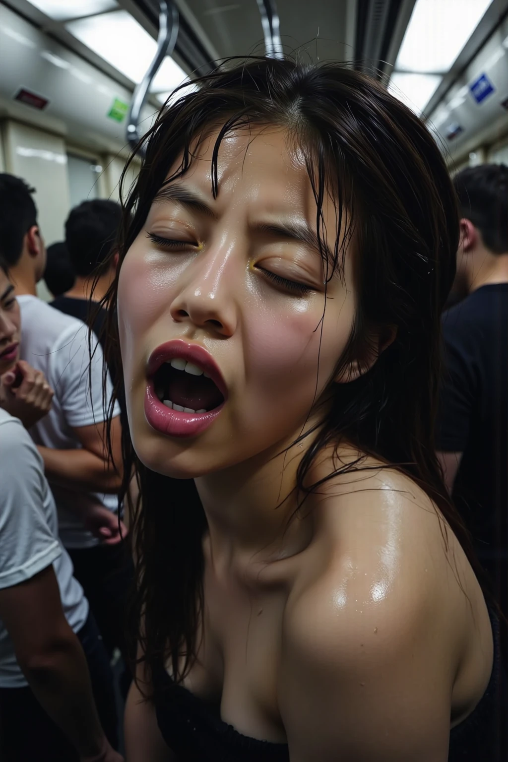 scared lady fending off sexually aggressive men who surrounded her all around roughly handling her, grabbing at her, hands on her skin, his hand touching her legs, holding her from behind grinding on her, angry looks, rampage, getting out of control, gangbang groping rape, mind break ryes rolled back