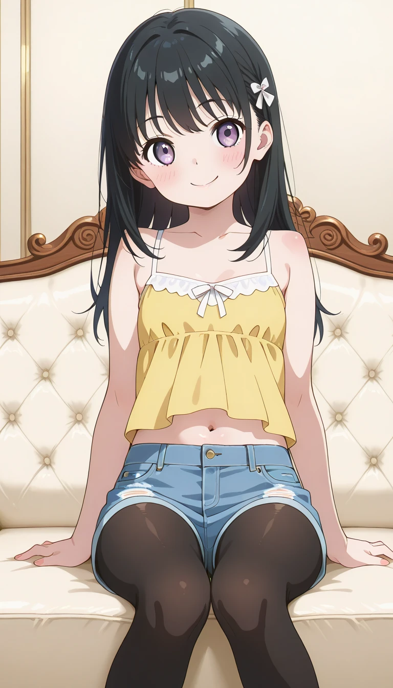 1girl, sanae_tsukimoto, black hair, short hair, black eyes, forehead, short pants, camisole,jitome,city <lora:sanae_tsukimoto:0.7>