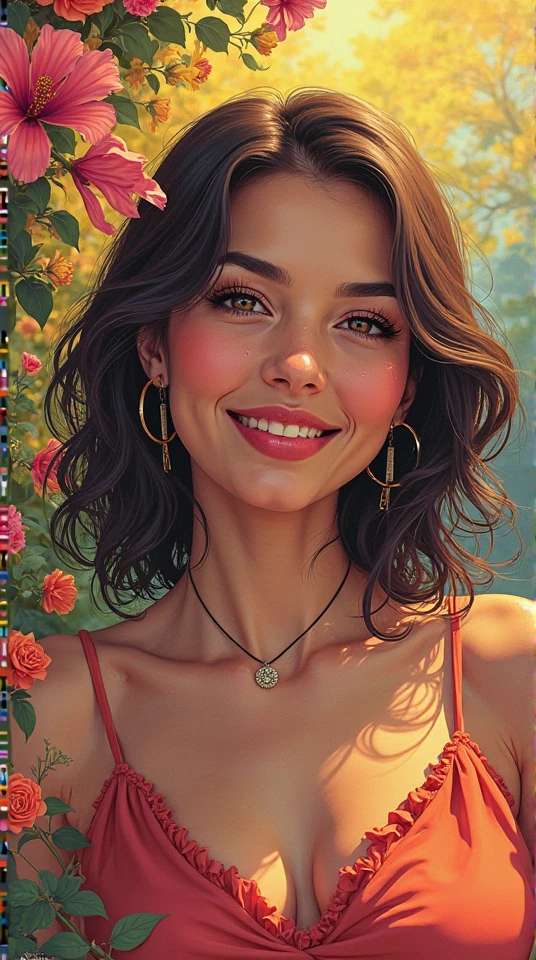 portrait of a smiling woman standing in a kush rose garden, bright happy colors, colorful