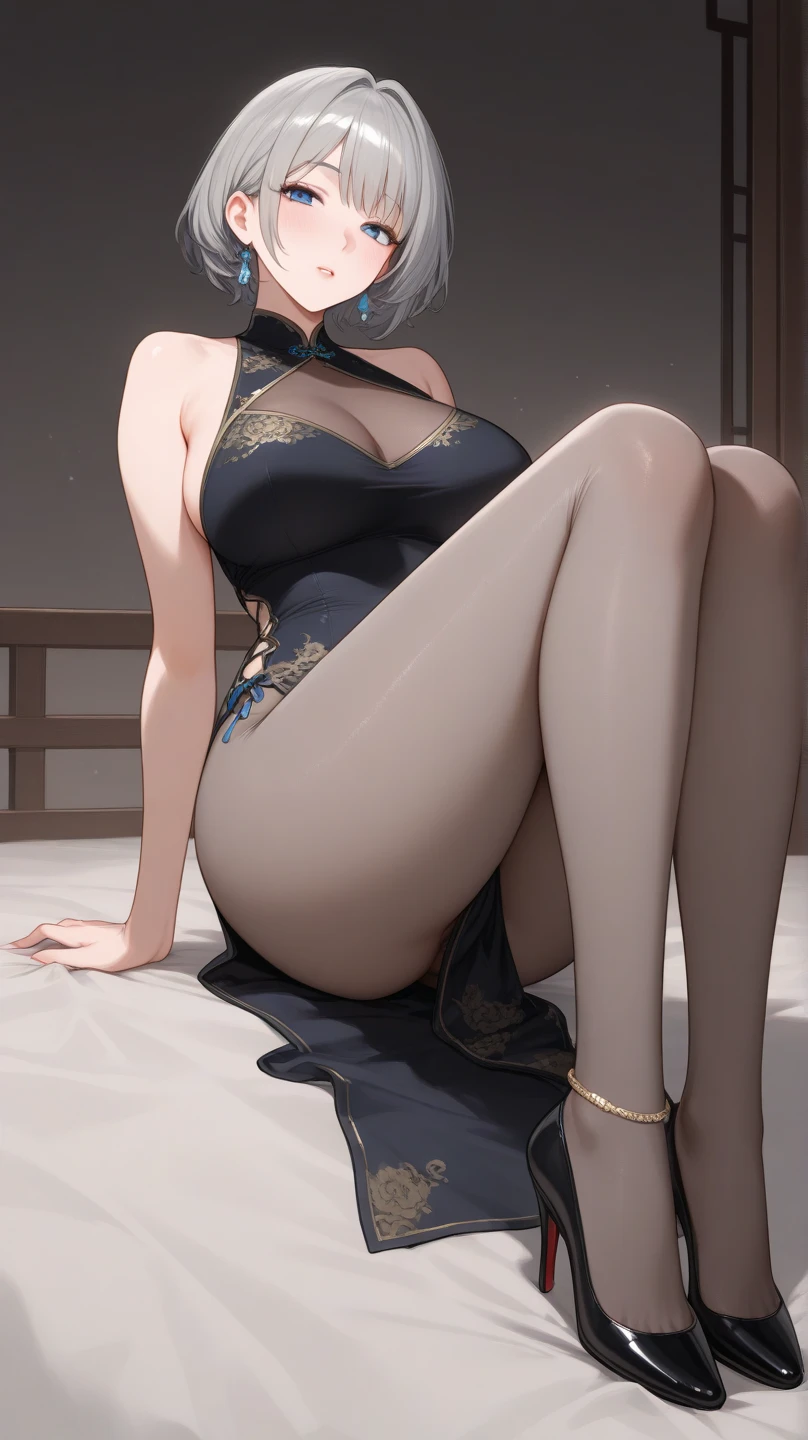 (((1 girl)),ray tracing,(dim lighting),[detailed background (bedroom)),((silver hair)),((silver hair)),(Fluffy silver hair, plump and slender girl))) with high ponytail))) Avoid golden eyes in the ominous bedroom ((((Girl wears a white shirt, black wrinkled skirt with black transparent pantyhose), showing a delicate slim figure and graceful curves, correct limbs, sitting on the bed with hands behind her head, Put both hands behind your head