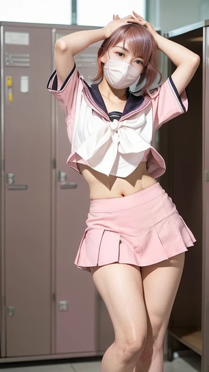 Perfect girl body、Big Body Set((1girl:15 years old(K-pop Idol))(heart)((You're on stage(Live))Angle from below:Low angle、badge、name tag、Pink ribbon、Sweating、thigh、(Pubic hair is transparent)、Camel toe、Open skirt、garter