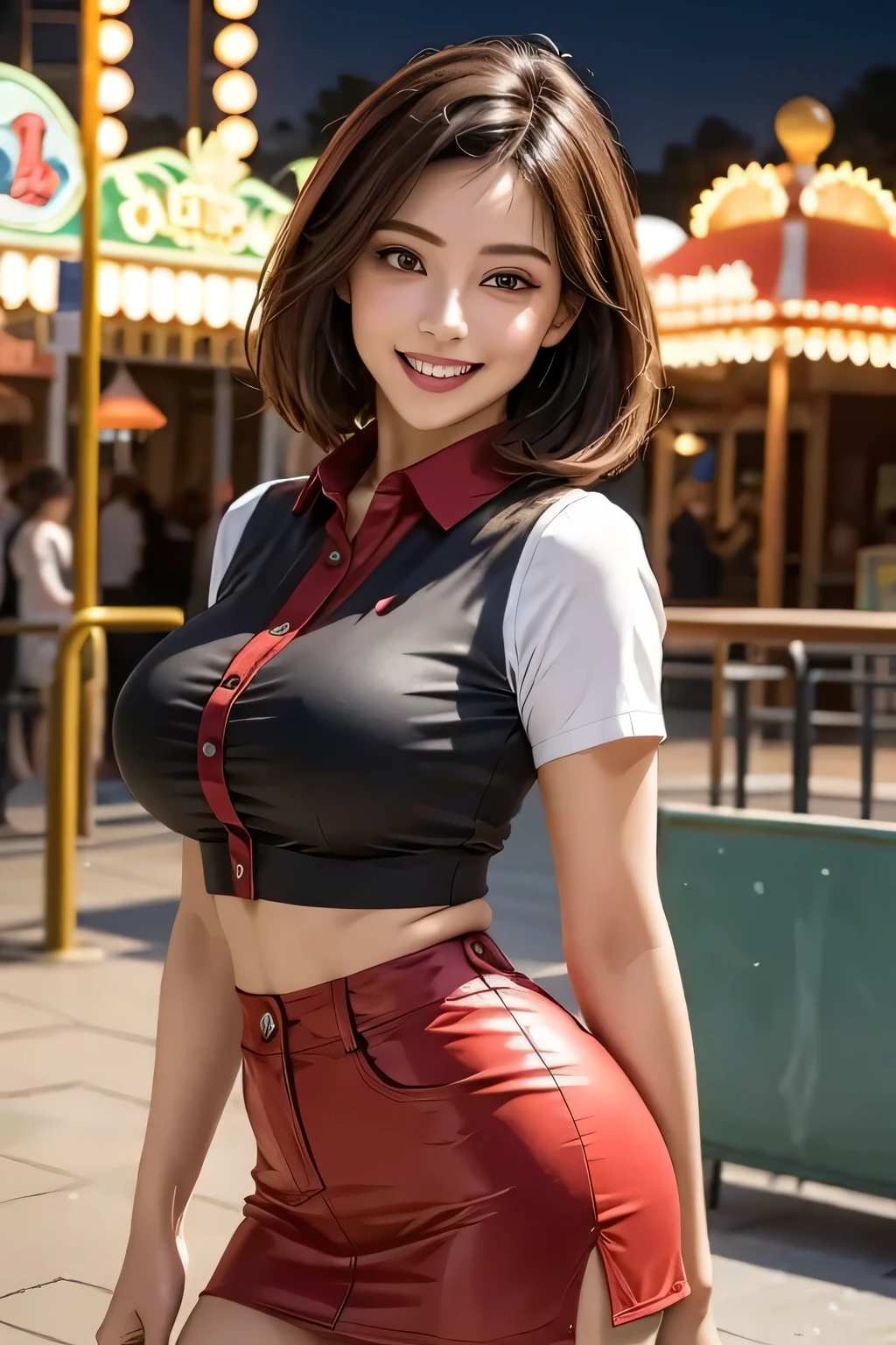 1girl , in jurrasic park , 30 years old、Look at the viewer、smile、 ta、random colors seductive outfit、Just sexy, biggest breast, cleavage, full body pose,