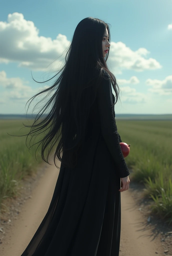 Anime girl walking through the forest wearing a yellow busses and a black skirt long black hair and golden eyes
