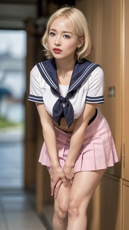 (best quality, 8k, highres, photorealistic:2.0), (solo, one girl:2.0),(lighting: strong),(lighting: front),(The woman opens her mouth wide and screams loudly:1.5),(very muscular girl:2.0),(bodybuilder girl:2.0),(oily skin:2.0),((platinum blonde short hair:1.5),(Squat down on one knee and spread your legs apart.:1.5),(raise both arms behind your head:1.5),(wearing black loafers:1.5),(short sleeve school uniform),(short white shirt),(blue sailor collar),(red neckerchief),(white socks),(blue skirt),(blue pleated mini skirt), (Wearing light pink panties),Photographed in front of the high school building