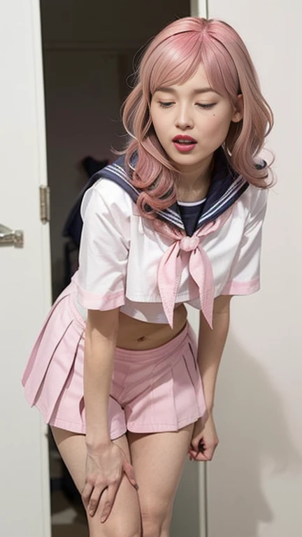 (Nude:1.4),(orgasm face:1.5),(bottomless :1.3),(Pink Hair :1.3),(Realistic, photo Realistic:1.2), ((Highest quality)), moving her center of gravity back, Quite embarrassing, White panties, (Showing panties:1.4),Tight Skirt, (Under the skirt:1.3), (Lift up your skirt:1.3),Put your heels on the ground, Spread your legs a little, black penny loafers, Beautiful face details, Real human skin, Gentle expression, Front view, angle From below, Realistic, photoRealistic, cute, Short skirt,cute school girl, Japanese school girl uniform, Sailor suit, whole body,Smile, Natural smile, Charming smile, Captivating smile, (View your viewers:1.2), from the front, From below,
