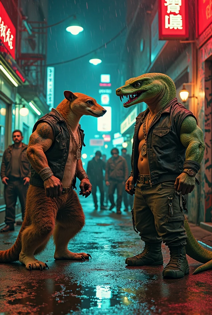 (masterpiece, best quality, high quality, highres:1.4), detailed, extremely detailed, ambient soft lighting, 4K, by (by Pino Daeni, (by ruaidri), yupa, kiyosan,(by meesh), (by sollyz) (by fffffolder)), (cuban crocodile: ( hunk, athletic, crocodile, yellow body, scales, athletic muscle, anthro legs, (crocodile feet) (((solo))), green eyes, (detailed eyes), crocodile tail, bare_shoulders , (((angry_face))), (clothing, (topwear: (open jacket, no shirt), handwear:(gloves: fingerless), weapon: (((pistol))), bottomwear:(jeans:black, leather boots))),standing) tag:1boy)) ,(((night))), (((alley)))