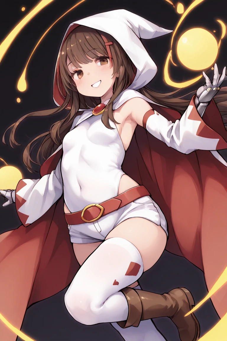 demonic, infernal,:3, capelet, fingerless gloves, closed mouth, smile, brown hair, bangs, dynamic background, looking at viewer, black gloves, jewelry, earrings, brown eyes, hood up, upper body, breasts, blush, white shirt, belt, 1girl, dr24whitemage, short hair