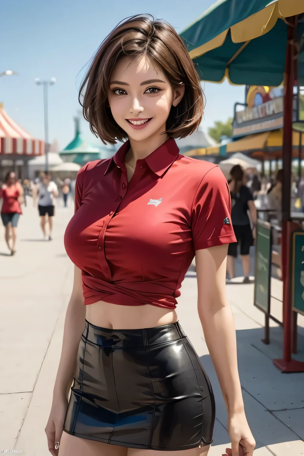 ((masterpiece)), ((Top Quality)), ((complicated)), ((surreal)), (realistic), (mature women), ((no classes)), very well detailed, 1 Girl, eyelashes, double eyelids, (beautiful teeth ), grins, brunette short hair, dark brown eyes, Big Breasts, (red collared shirt), (black tight miniskirt), (thigh), (background: amusement park), detailed background, Completely, seductive eyes, watching, Since before