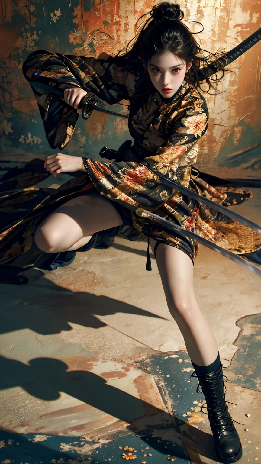 (masterpiece:1.2),(Best image quality,4K,8k,High resolution),Super Detail,(Realistic,Realistic,Realistic:1.37),Ninja girl captured by the enemy, Delicate brushwork, Elaborate kimono, Sharp Eye, Delicate facial features, Flowing black hair, Hidden weapons, Bamboo forest background, Tied up with rough rope, Kneel, costume Half torn, Dark and mysterious atmosphere, Graceful Movement, Delicate lighting, moving composition, Half torn. Tied up with rough rope背景, costume Half torn, Dark Mysterious Atmosphere, Graceful Movement, Delicate lighting, moving composition, Vibrant colors, traditional Japanese painting style, Harmonious tone, Red and Black