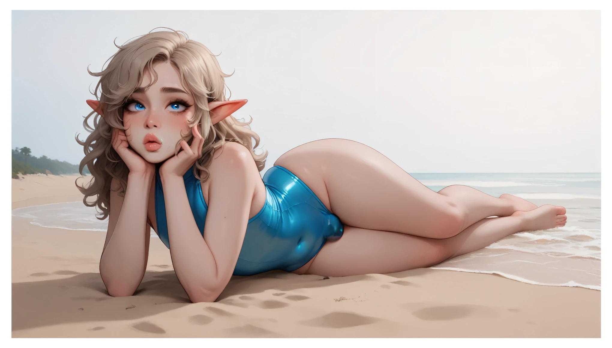 score_9, score_8_up, score_7_up, score_6_up, , volumetric lighting, cinematic lighting,  masterpiece,  rating_explicit, horny, crossed legs, Expressiveh, nipples, smell, steaming body, steam, sweat, sweaty, bangs, choker
 ((blonde hair:1)),  blue eyes, slender waist and thick figure, long hair, large breasts,  elf, pointy ears, (sweating, wet sweaty :1.3), (excessive armpit hair:1.4), presenting self, seductive smile, breath, heavy breathing, legs, full body shot, perfect feet, flawless feet, beach, blue sky, sitting on large rock, dutch angle