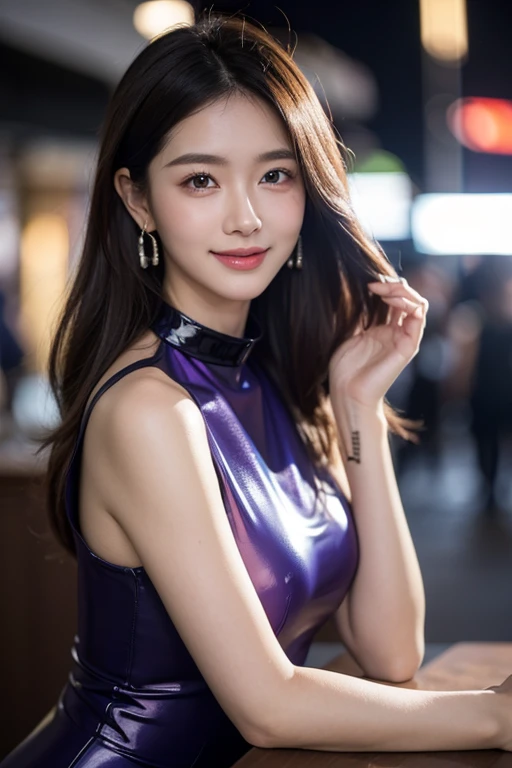 ((Realistic lighting, Bestquality, 8k, MASTERPIECE:1.3)), Sharp Focus:1.2, 1girl, A beauty with a perfect figure:1.4, Slim abs:1.1, ((Dark Brown Hair)), (Purple silk cheongsam:1.4),(out door,at nighttime:1.1),City street,Ultra-fine face,Fine eyes,Double eyelidd,