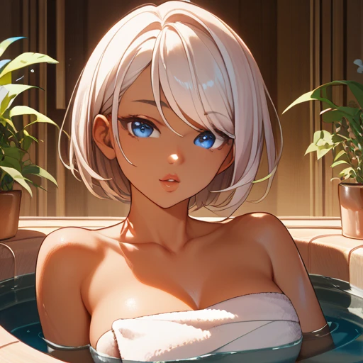 action shot, beautiful woman with pastel white hair, short bombshell hair, outlandishly sexy costume design, , in a summer bath, caucasian, warm lighting,saturated colors,dramatic lighting