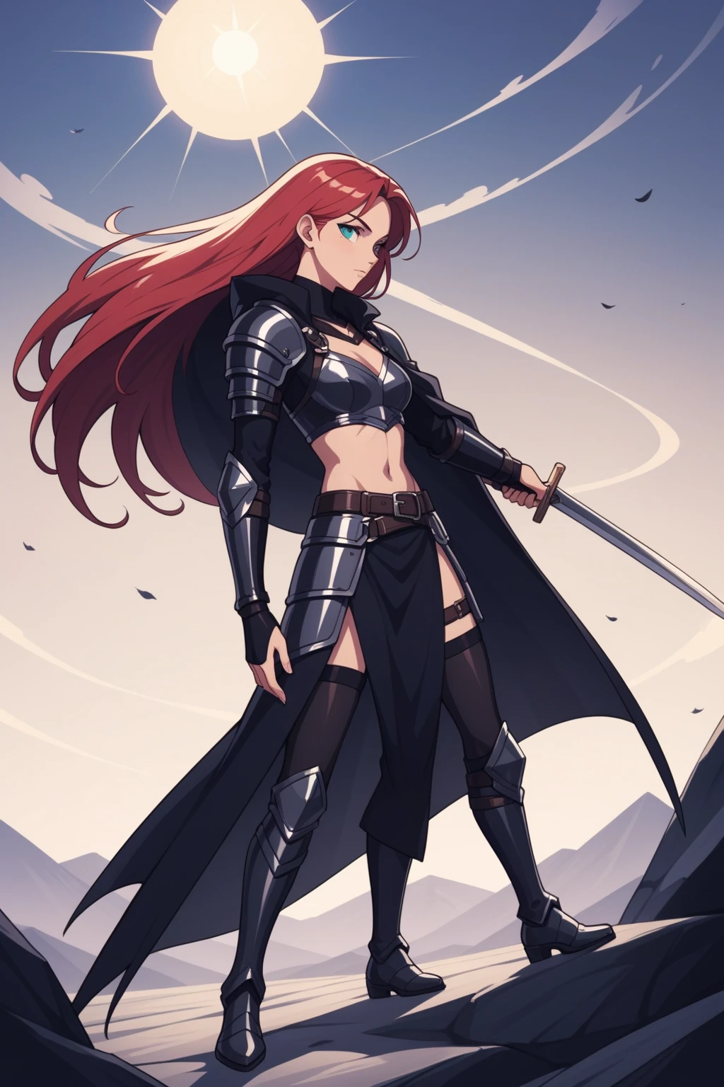 Tall woman, long and very curly red hair, anime style, gentle smile, gray leather leggings, hiking boots, burgundy crop top, leather chest armor, exposed cleavage and midriff, standing, spear in hand