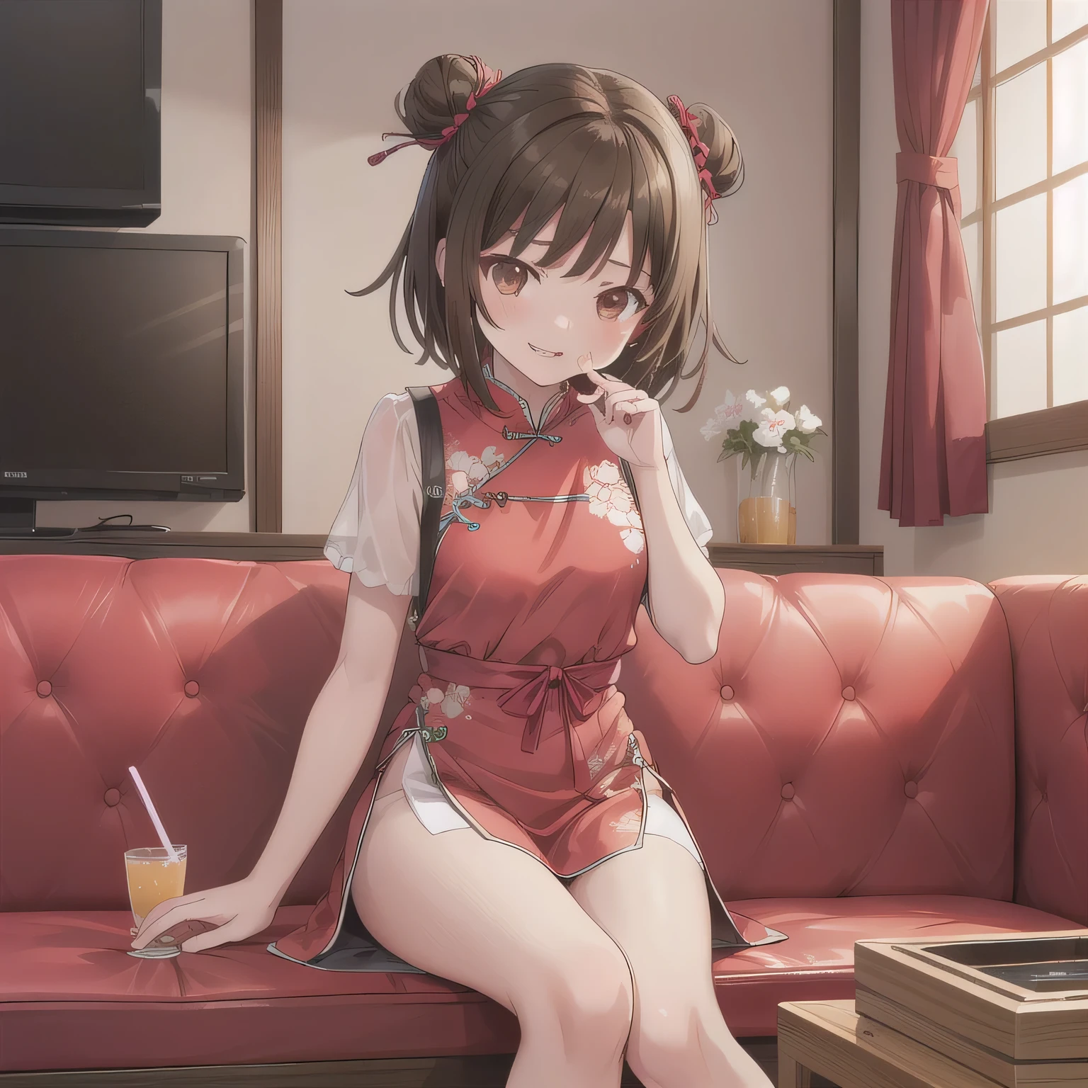 (​masterpiece、top-quality;1.3、high-level image quality、absurderes)、Maximum Detail、ultra-detailliert、1girl in、独奏、Fine Grandia、looking at the viewers、A slight smil、Kiki、Red ribbons、black robes、see -through、nightclubs、makeup、pink lipsticks、lip、Aichik、Beautie、Futomo、A sexy、seductiv、sofa、guest、alcohol、Futomo、Drunk、drunkard、Dark background、Black background、from the front side、