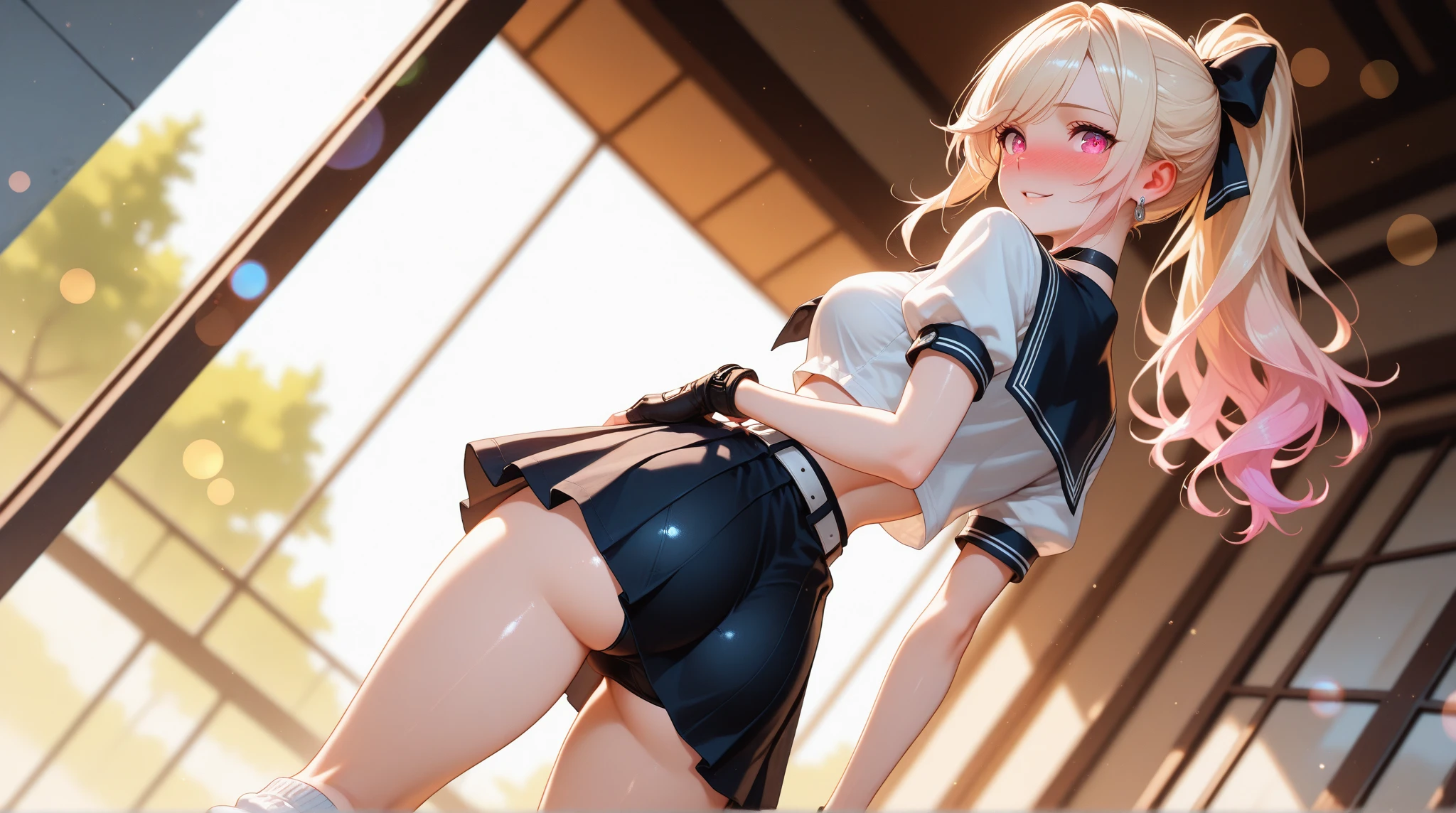 Texture CG, ((Ultra Detail Art)), ((master piece)), (extremely details CG),bitch high school gals,(nsfw:1.0),((((naughty school unifrom))),skirt ,(((pleated mini skirt)))),(((underboob white shirt))),(((straddling with spread legs, stick out butt pose))), ((pussy visible through ass crack)), beautiful legs,beautiful breasts,slim legs,slim thighs,slim waiist,slim buttocks,((ass from behind and ass from below)),(panty shot),(wind lift), (tiny miniature microbikini),(animal color microbikini),(microbikini wedged in ass crack,pussy peek),long hair, blonde hair, brown hair, pink hair, silver hair, Curve, Beautiful detailed eyes , gleaming skin, bracelet, ,hair ornament, hairclip, jewelry, open mouth ,light smile, embarrassed:1.4,