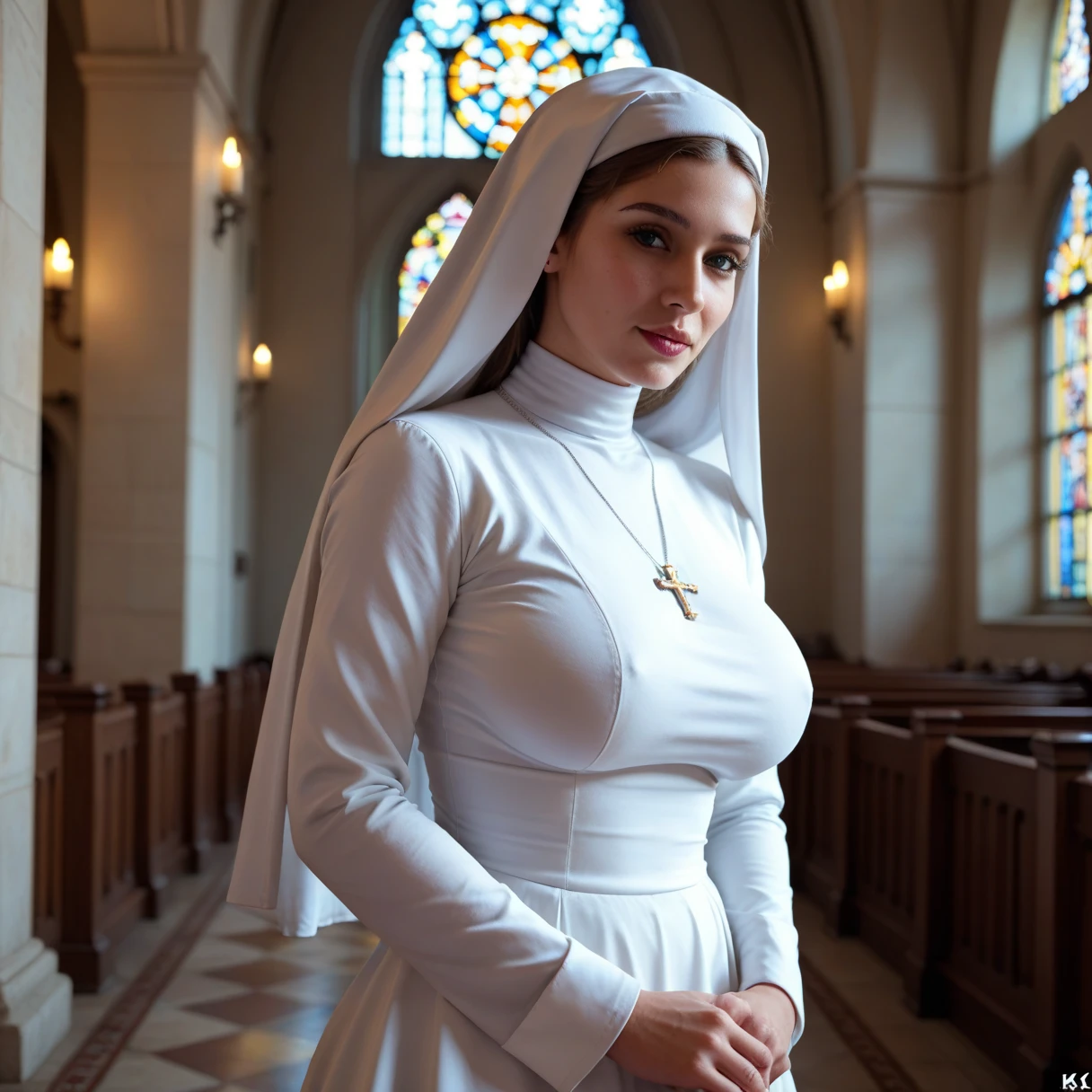 Beautiful Spanish woman、Ginger Hair、Green Eyes、Smiling、Huge breasts、Sexy body、Cross necklace、Monastic uniform、Nuns、Standing before the cross、In the church
