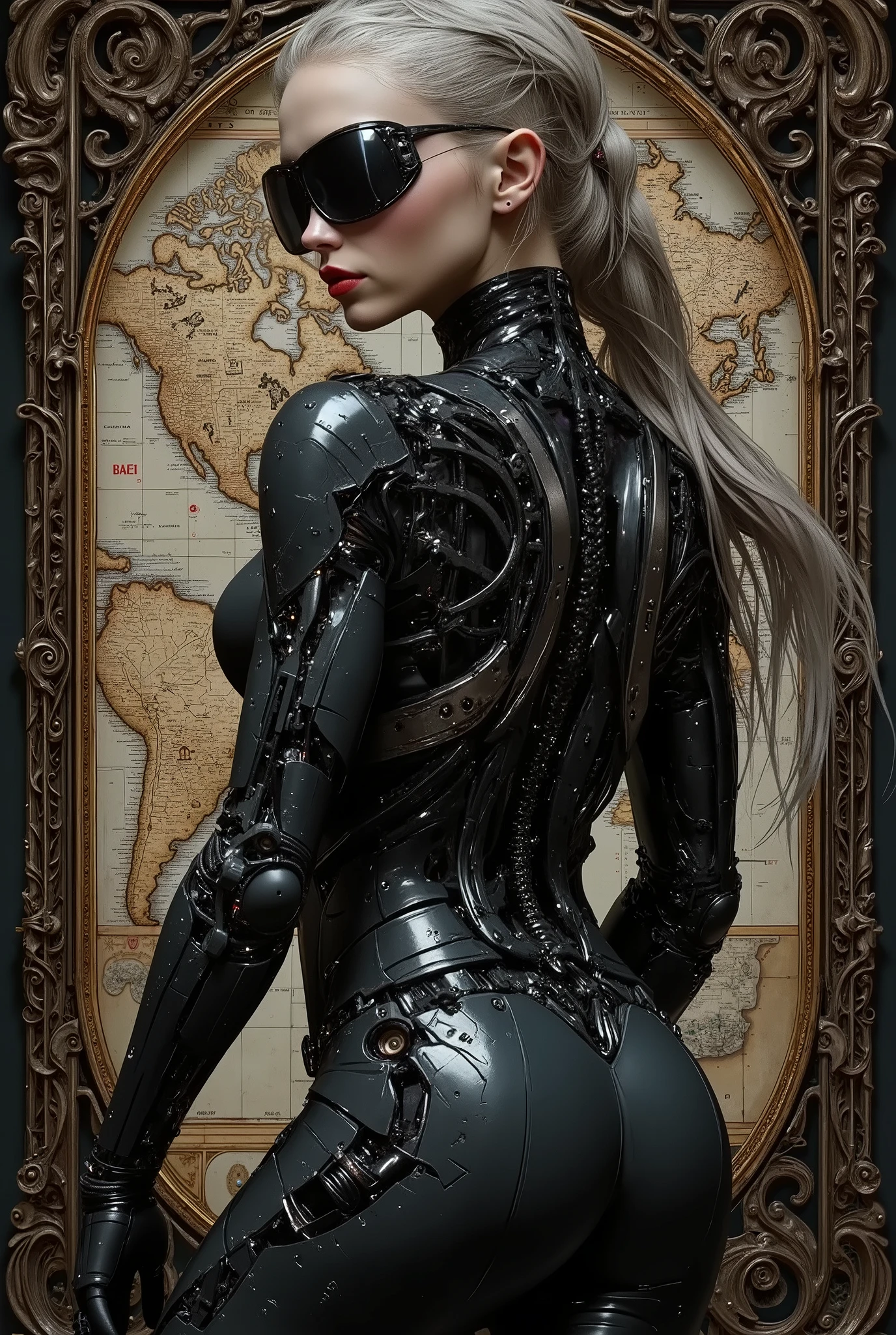 An ultra-detailed portrait of a stunning high-tech cyborg woman, shot from behind. Her back is partially transparent, and complex biomechanical systems are visible beneath it: artificial muscles similar to carbon fiber filaments, glowing neural circuits, hydraulic veins with pulsating fluid, and a reinforced spine with a segmented plate. The skin combines organic elegance and synthetic perfection, with some areas smooth and flawless, others transparent, showcasing cutting-edge technology. Her long hair is framed by thin bioluminescent strands. The pose is dynamic. A cyborg girl balances on one leg, turning her back to the viewer against the background of a detailed antique world map.The body is sexually curved, Regular, perfectly anatomically built, smoothly rising up. The head is depicted in a half-turn, the chin is raised. The gaze is directed over his shoulder. Her eyes are beautiful and thoughtful. Her full, shiny red lips are smiling slightly. The pose and facial expression are balanced and somewhat mysterious. The figure of a cyborg woman poses against the background of a carefully detailed antique world map, inserted into an exquisitely carved frame in the form of a three-dimensional frame, possibly made of stone, bone or wood, the intricate Baroque carving pattern is accentuated by dark gilding, which emphasizes the depth of field. The spectacular lighting highlights the futuristic brilliance of the cyborg woman's inner workings. Hyper-realistic, sci-fi aesthetics, cinematic atmosphere, 8K rendering on the Unreal Engine 5.