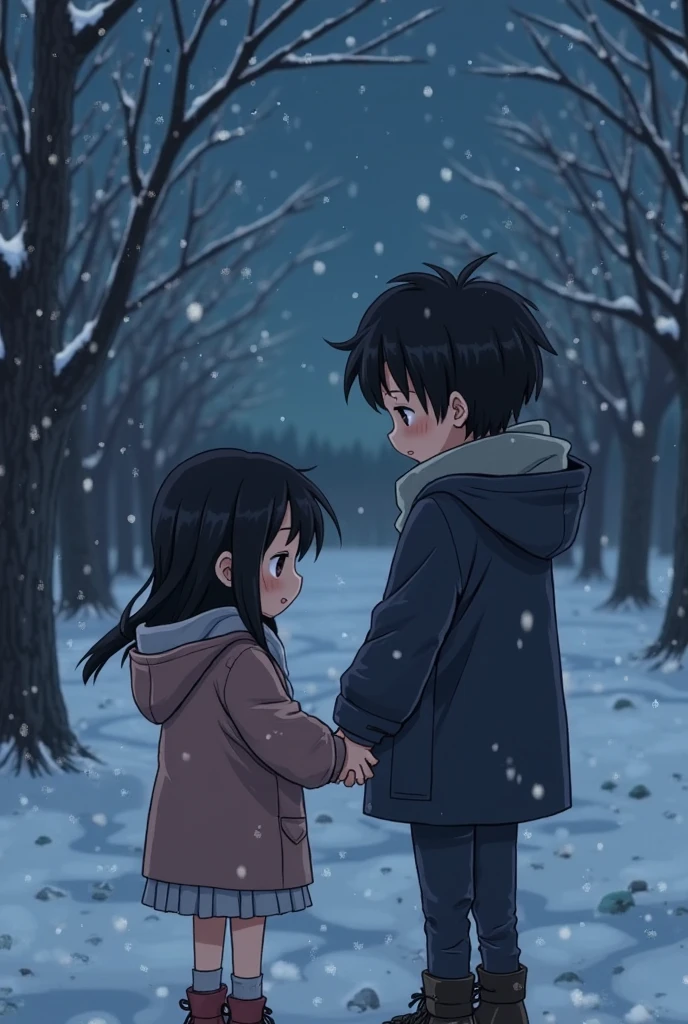 Anime girl and boy prone in snow together girl wearing black coat and red muffler and boy wearing black jacket watching moon boy only see girls face