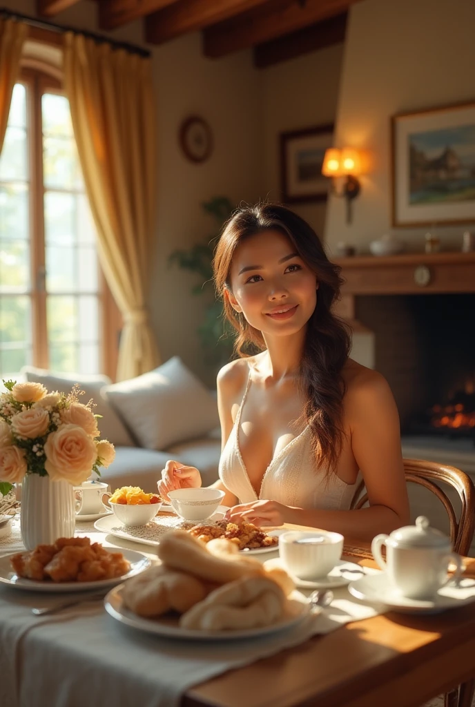  anikaxxx, ultra-realistic, woman eating breakfast at a sunny kitchen table, wearing a light summer dress, morning sunlight streaming through a window, relaxed and happy, holding a coffee cup, plate with fruits and toast, detailed skin, photorealistic.