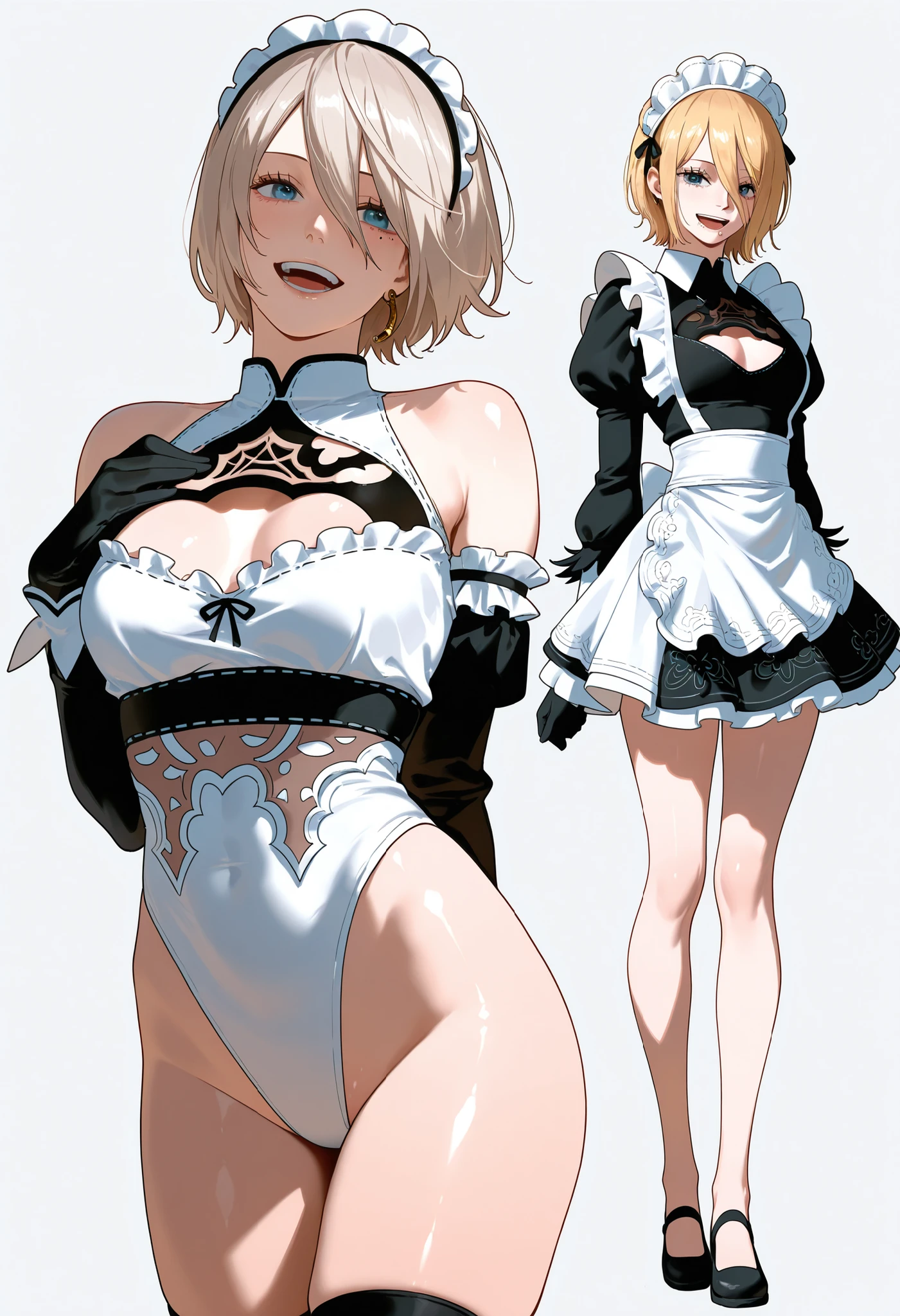 Masterpiece: 1.6, best quality: 1.4, live image: 1.2, intricate details: 1.2, charturnerv2: 1.2, 1lady full body character change, Appearance: young: 1.25, thin: 1.3, blue eyes, thick eyelashes,medium breasts, detailed eyes, quality eyes, Clothing: adapted costume, leotard:1.3 Accessories: red bow, red ribbon, Hair: blonde hair, short hair, semi curly hair, natural, shiny skin, (single background, white background:1.8), transparent Background, multiple views, multiple views of the same character in the same outfit: 1.3., character sheet: 1.2, multiple facial expressions: 1.3, seductive smile, sexy, shaded face, white legwear, white thighhighs,