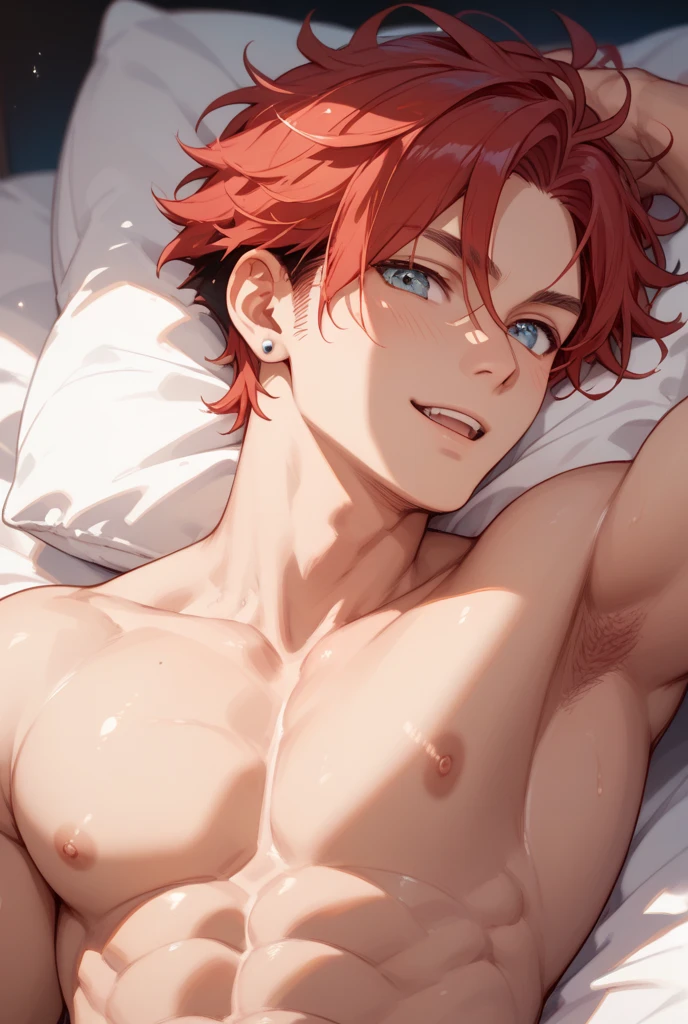 Absurdres masterpiece HDR high quality picture of Handsome boy , handsome face, detailed face, red hair , very Short hair, ((messy cut hair style:1 )) , green eyes , light skin , ((muscular:1)),masculine ,age 18 ,
Wearing a school uniform, topless , lying in bed, beautiful background, masterpiece scenery