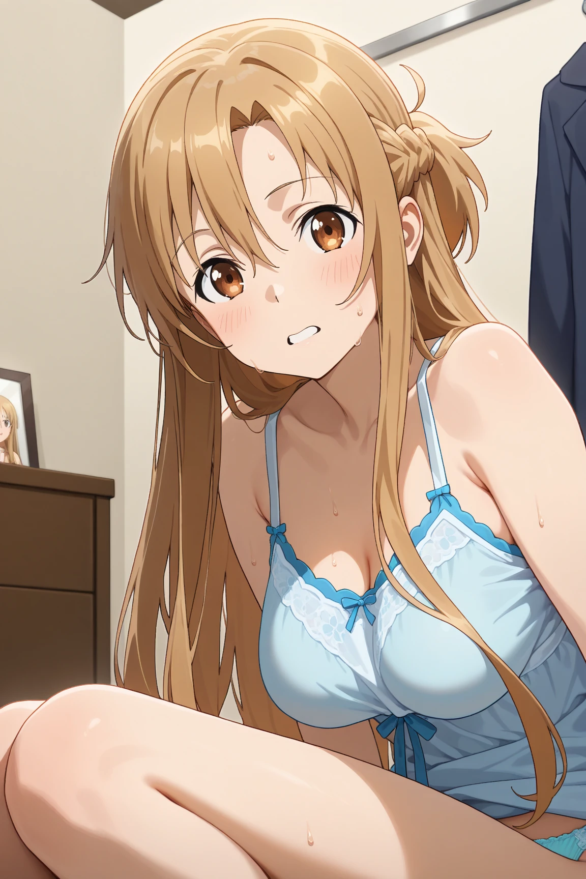  (Moe:1.15)、Anime illustration style、Very detailed、Asuna,One Girl、smile、Closed Mouth、Shorts、Long Hair,Knee socks, smile, View your audience, camisole, 4K,8K、Leaning forward