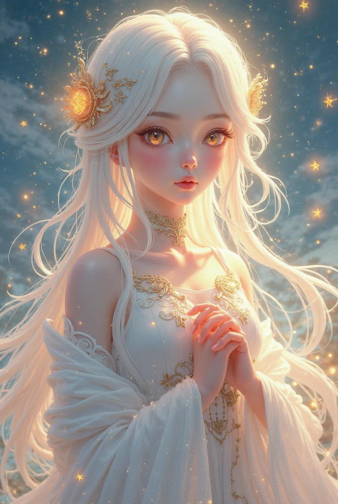 fantasy, Holy Virgin, Goddess, day, gardens, girl, sweet face, with long pale blonde hair, in a light open white dress with diamonds on the fabric, open shoulders, expressive breasts, gorgeous, face looks like Natalie Portman, HD