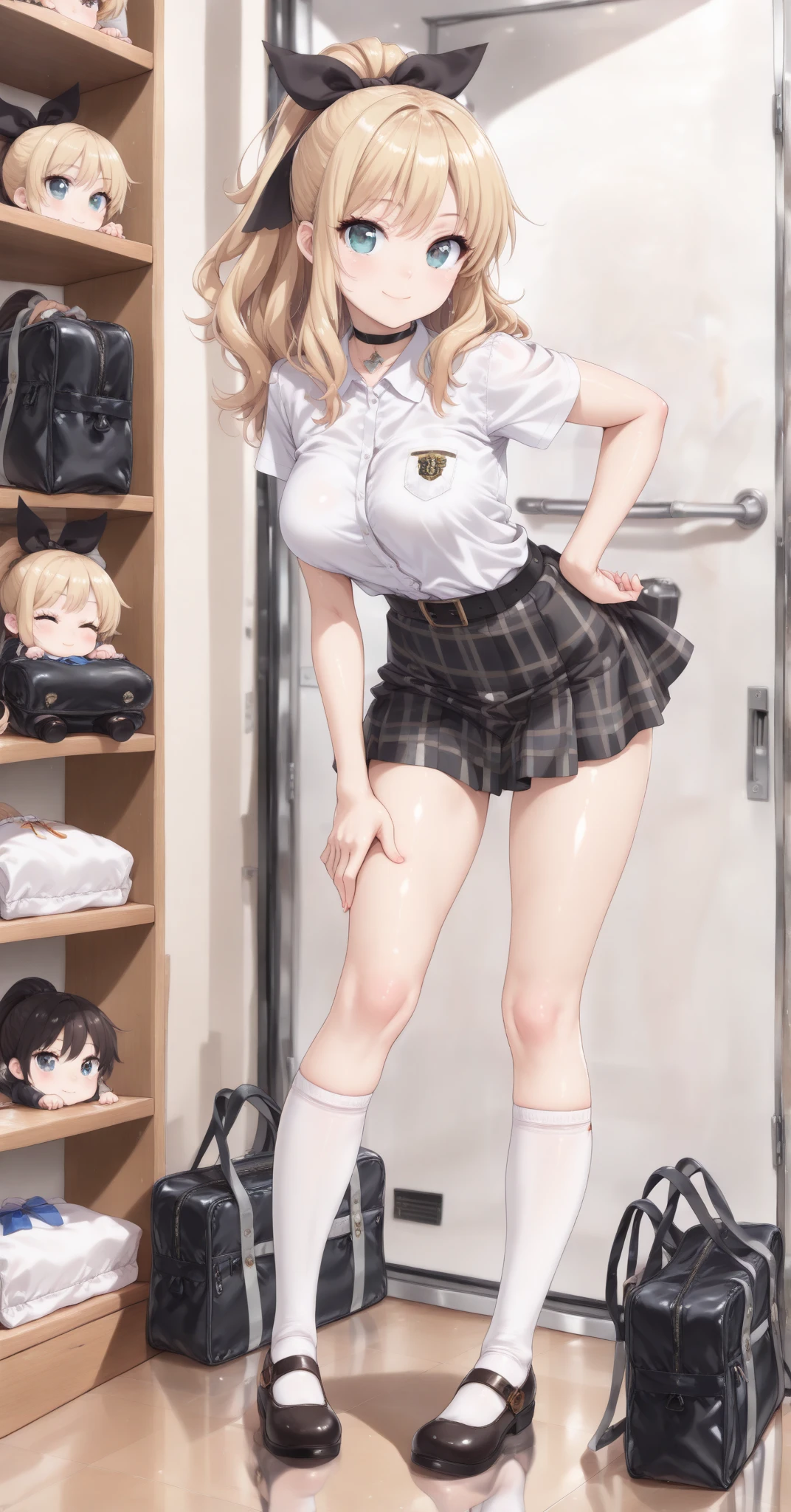 masterpiece, high quality, best quality, high resolution, 4k, high definition, beautiful lighting,highly detailed face, well drawn hands, well drawn legs,well drawn feet,well drawn eyes, 1girl, futaba,grey hair, brown eyes,glasses,big breasts, big ass, white shirt,wet shirt, bra visible, pink, blue skirt,(((from below))),cowboy shot,  (((((no panties))))), selfie from below,