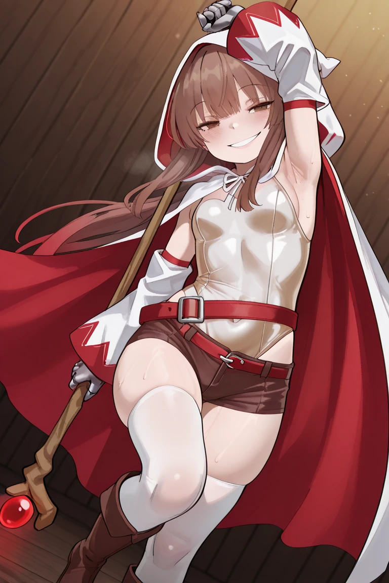 1girl, nsfw, Deuce, green eyes, long hair, Medium hair, brown hair, cape, red scarf, large breasts, nipple, , Peeing, lactation, projectile lactation, frozen, wet, crying ,, Naked, , (1girl) ,solo, wilderness