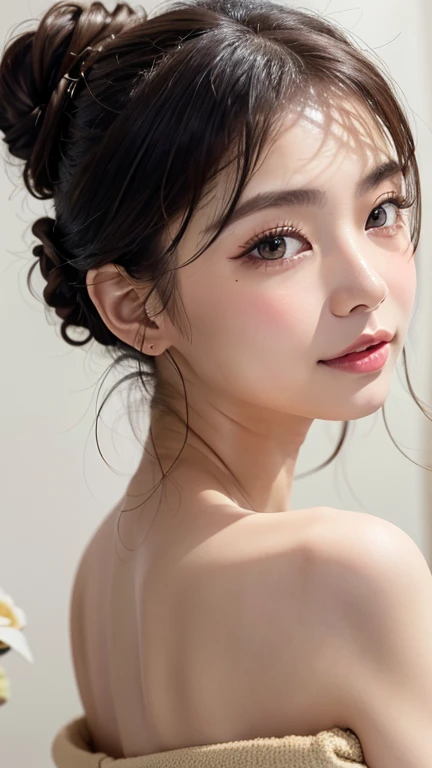 (((forehead、Standing、A calm face、Northern Europe、White、beautiful girl、Black Hair、White background、(french braid hair、Shortcuts、Hair tied up、Bun Hair)、Frill dress、cute、Young、True Face、Shiny Hair、whole body)))、table top, highest quality, figure, super detailed, finely, High resolution, 8k wallpaper, Perfect dynamic composition, detailed and beautiful eyes, Deco out,bionde, breasts, Natural color lip,white background, random cute poses,