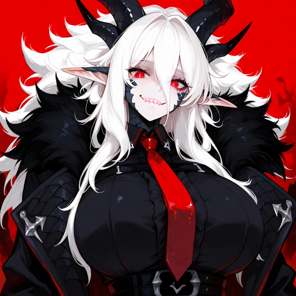 Masterpiece, Hyper detailed, Best quality, UHD, Ultra high resolution, (16K), (((Watercolor))), ((anatomically correct)), 1 woman, Horror smile Expression, ((Hyper detailed Blood dress, ribcage, skeleton, eye on stomach)), Beautiful face, Busty, Curvy, (Hyper detailed eyes, Red eyes), Longeyelashes, Jewellery, Makeup, Facepaint, Horns, ((Long Hair, White Hair, straight hair)), {{{Dark Lighting}}}, ((Horror setting, Gore, blood splatter, Blood)), AGGA_ST009,
