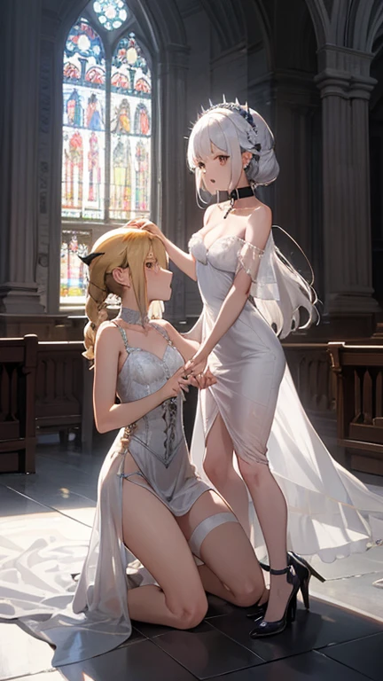 {(watercolor painting:1.2),(renaissance style:1.2)}, {hime cut}, BREAK, {erotic face,anguish,(very ecstasy:1.2),(writhing:1.4),embarrassing,half open eye},{(very obscene pose:1.2),(arched back:1.2),(arch one's head:1.4)}, {(white_pink colored yukata:1.2), (chains fundoshi:1.2), (wet clothes:1.2)}, BREAK, {(many chains from the ceiling:1.4), (chain shibari:1.3),(chain bondage), (chain restraint),(wrap limbs with chains:1.8),(chain bind body),(chain in collar:1.2), confinement, shackles}, BREAK, {(2 woman:1, medium breasts, brown eyes, (lick each other, saliva), braid hair intricately)},{dynamic low angle view}, {(dark church glowing stained glass:1.2)}, BREAK,{(glowing tears:1.1),(captivating eyes),extremely detail hair, (pure white skin:1.1)}