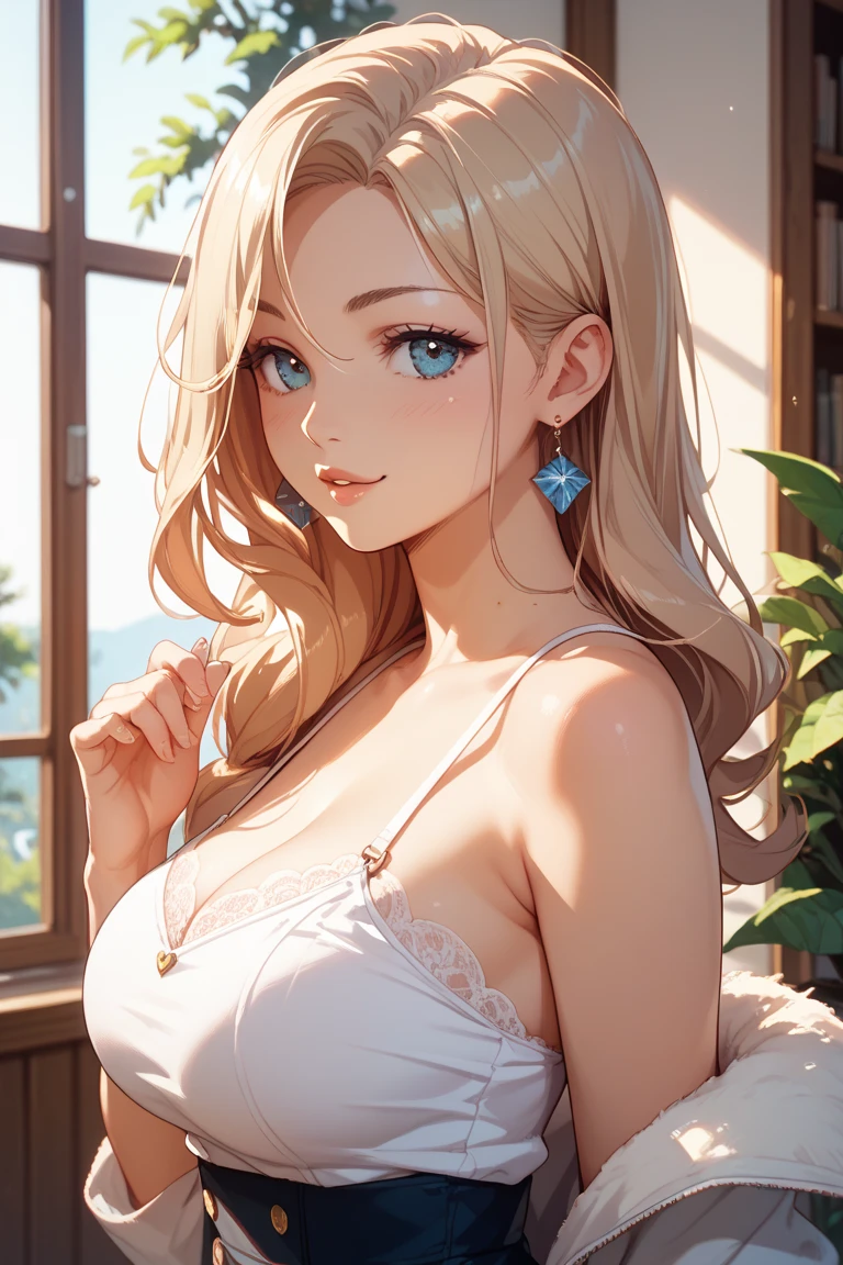 ((top quality, 8k, masterpiece: 1.3)), portrait of elegant mature woman, highres, 1girl, beautiful long hair, light blonde hair, light blue eyes, detailed eyes, loose white dress, wide shoulder, wide chest, inside castle, big breast, cleavage, elegant posture, loving expression
