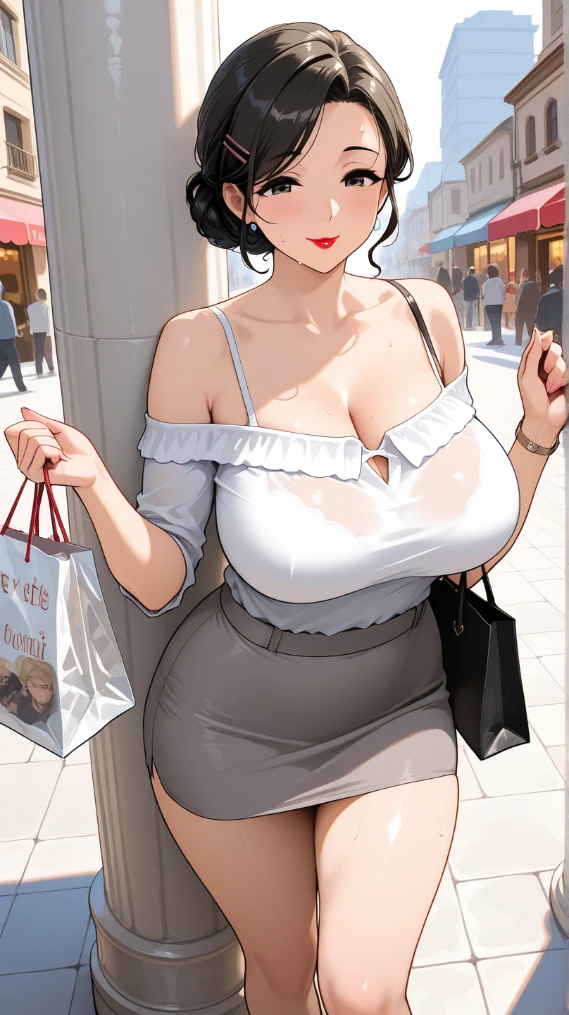 upper body photo of a beautiful woman, fiddling with cell phone in the middle of the street, [see-through](short lace cami:1.47), natural breast, medium breasts, (narrow waist, perfect body curve), earring, sharp focus, (tall body, adult woman), ((looking at away)), (high detailed skin, skin pores:1.4)