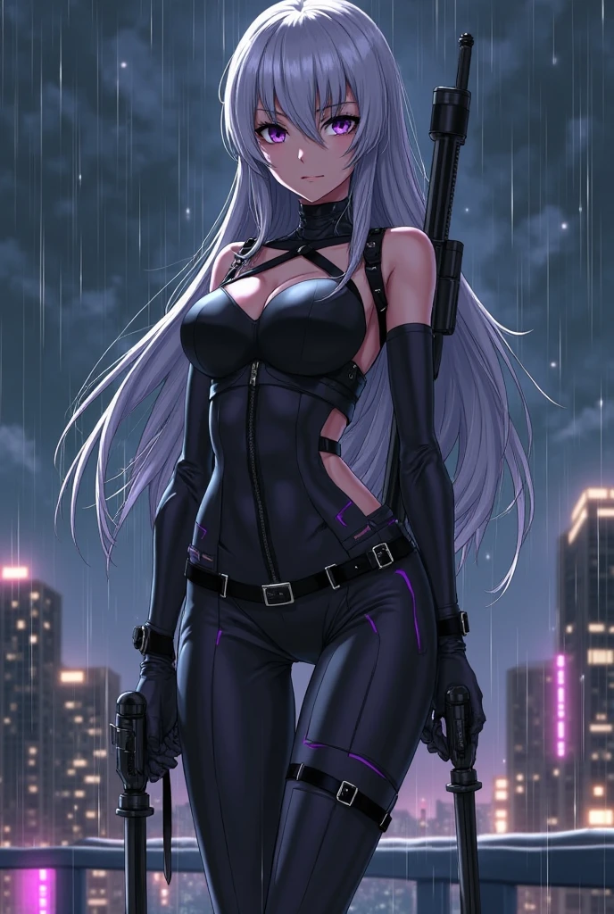 apocalypse, ruin town background, perfect lighting, dominant gray theme, silver hair and purple eyes, 1 girl, mature face, holding 9mm riffle, dressed in military vest and armored, perfect slim body curves, 8k quality, perfect quality, perfect resolution,