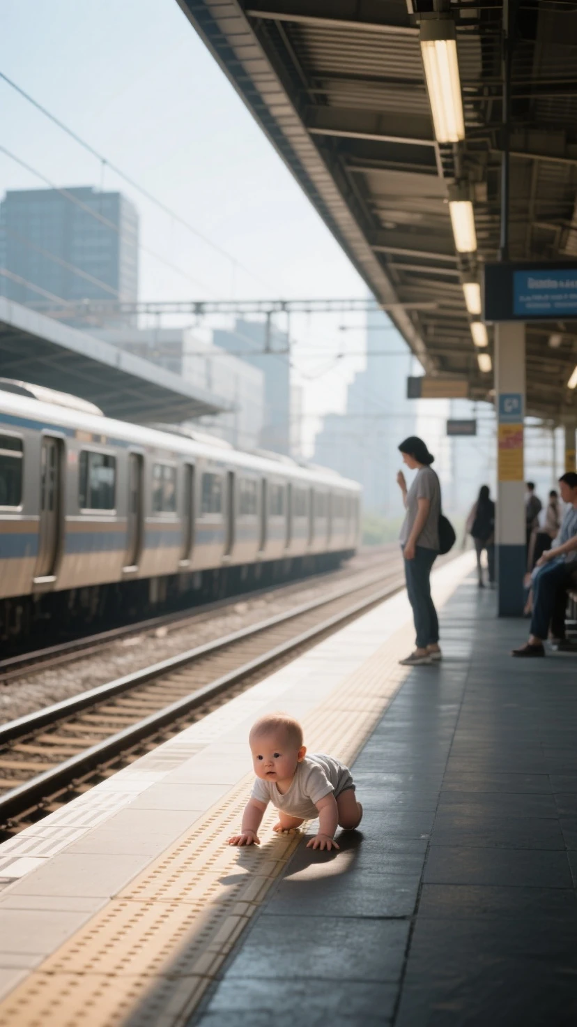 An American child is amazed at the sight of the Shinkansen