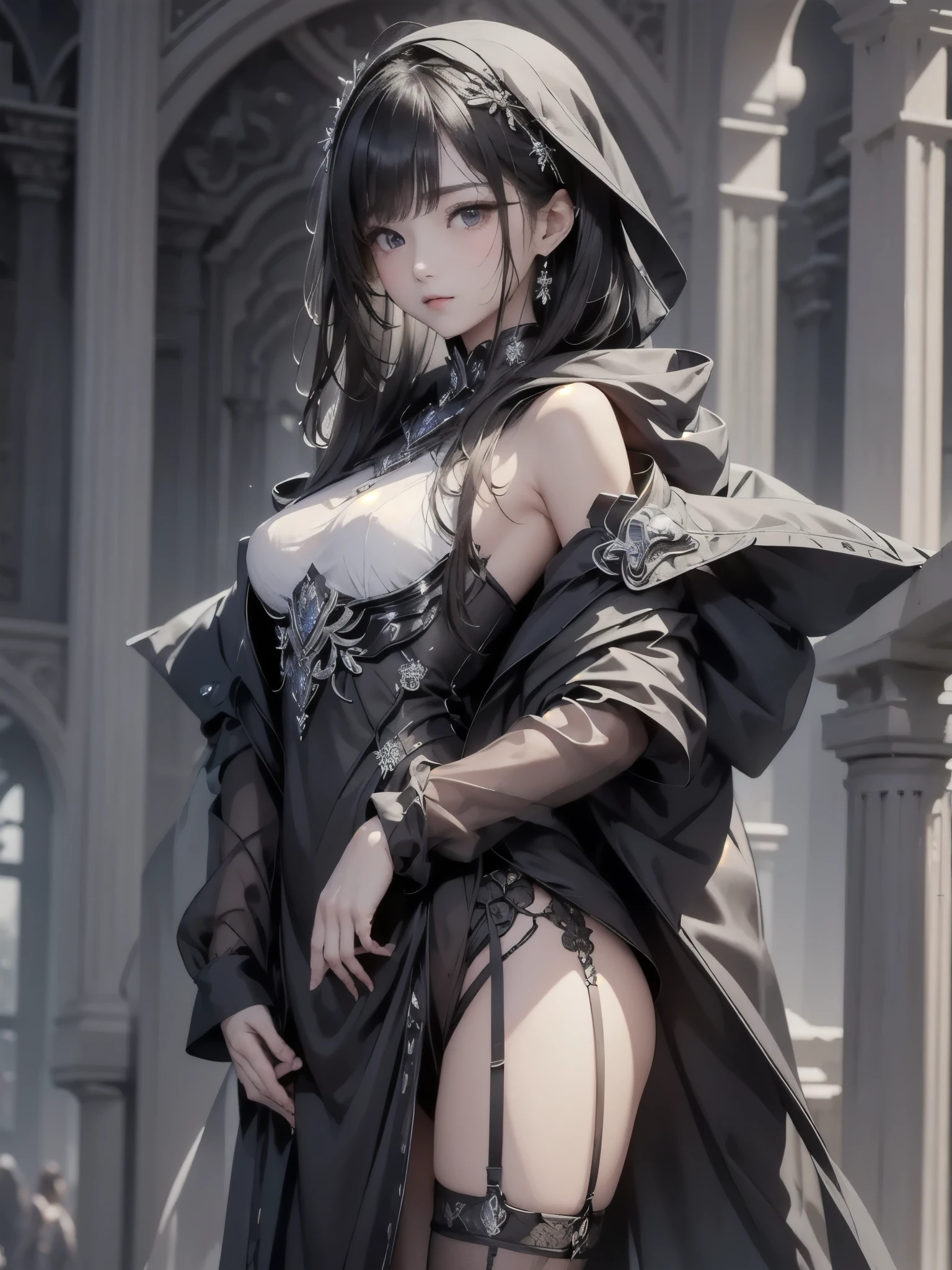absurdres, RAW photo, extremely delicate and beautiful, masterpiece, Best Quality, ultra high resolution, 32k, hyperrealistic, ultra-detailed, perfect ???????, anatomically correct, perfect figure, super Detailed skin, pale skin, 20 years old, very Slim body, narrow waist, very small head, very small face, delicate facial features, detailed face, detailed eyes, tearful mole, earring, thin legs, bare legs, ((very huge round breasts)), short medium hair, ((wavy hair)), wet clothes, alone, fortune teller dress, skirt, face veil, robe, cloak, midriff,