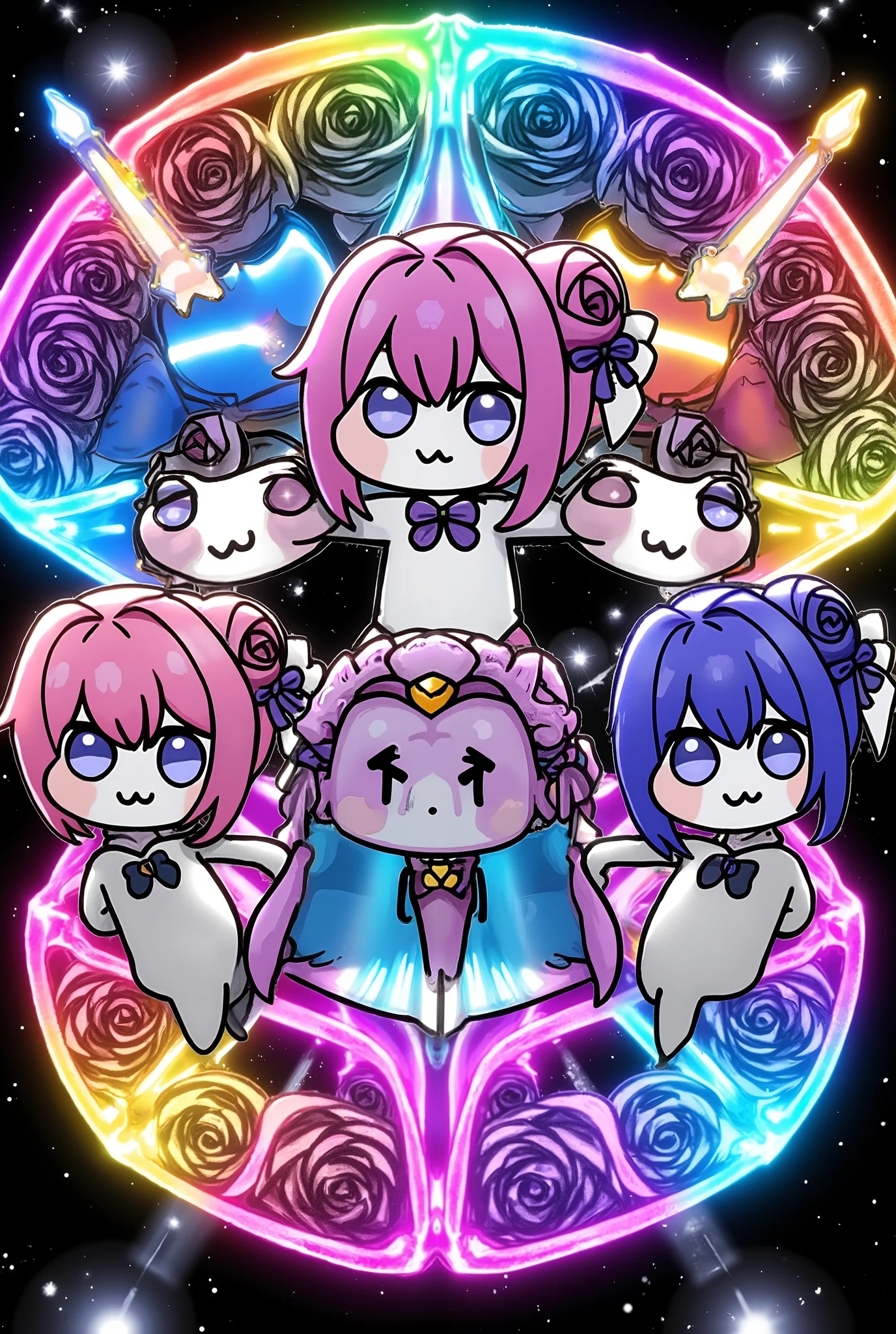 chibi,Rotational Symmetry,multiplying characters、doro filling the screen,Retrofuture,colorful,neon,Extremely colorful,dreamy,geometric model、repetitive pattern、 magical、sparkle、発光するneon、blend、Natural、realistic,4K,8K,masterpiece,extreme detail,photo realistic,HDR,UHD,studio lighting,bright colors,Bokeh