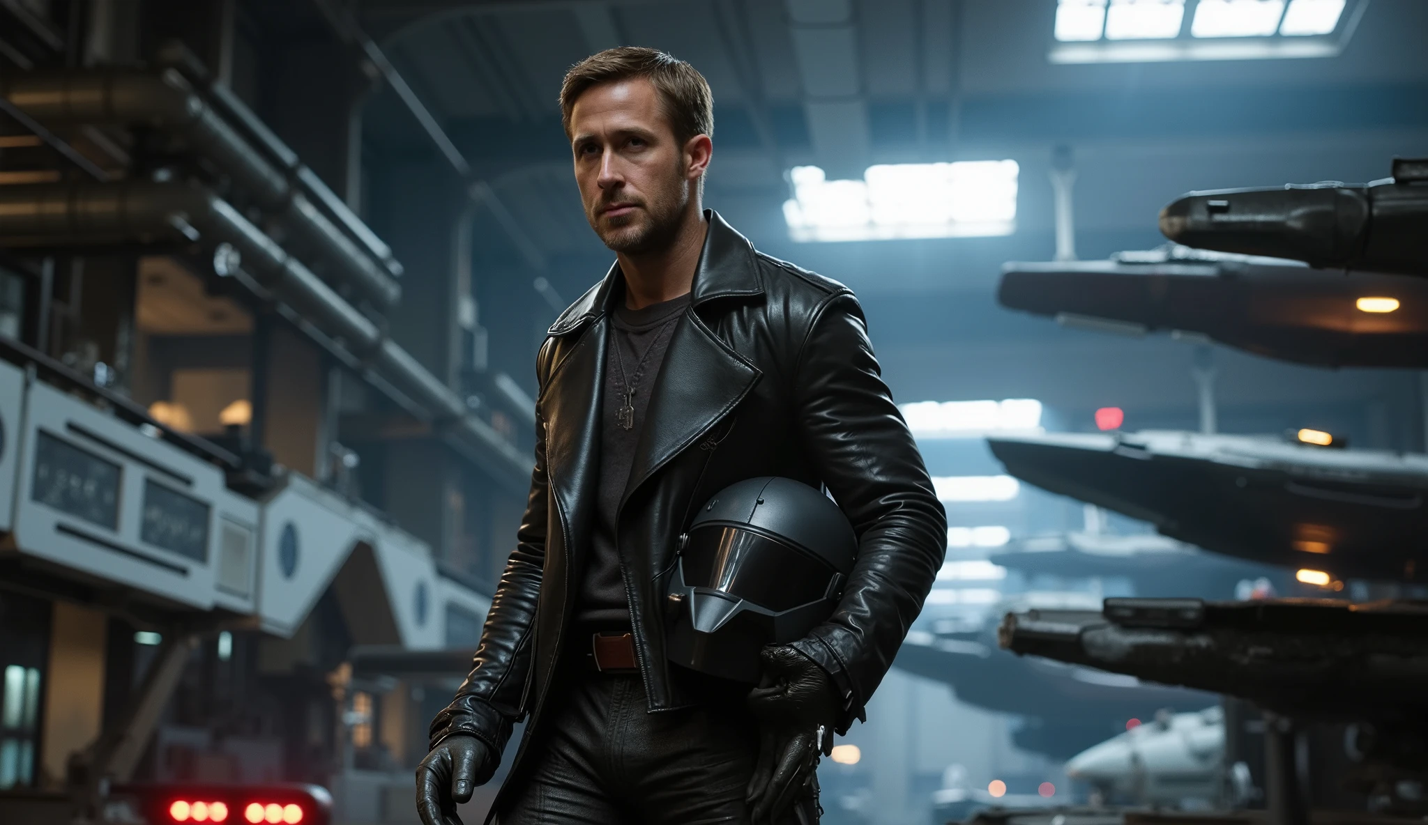 ryan_gosling, standing in a starfighter hangar, helmet under arm, gritty lighting, photorealistic, highly detailed, realistic, masterpiece, 8k, sharp focus, physically-based rendering, extreme detail, professional, vivid colors, dramatic lighting, cinematic, moody, industrial, star wars, science fiction, futuristic, metallic, steel, concrete, shadows, beams, machinery, technical, complex, intricate