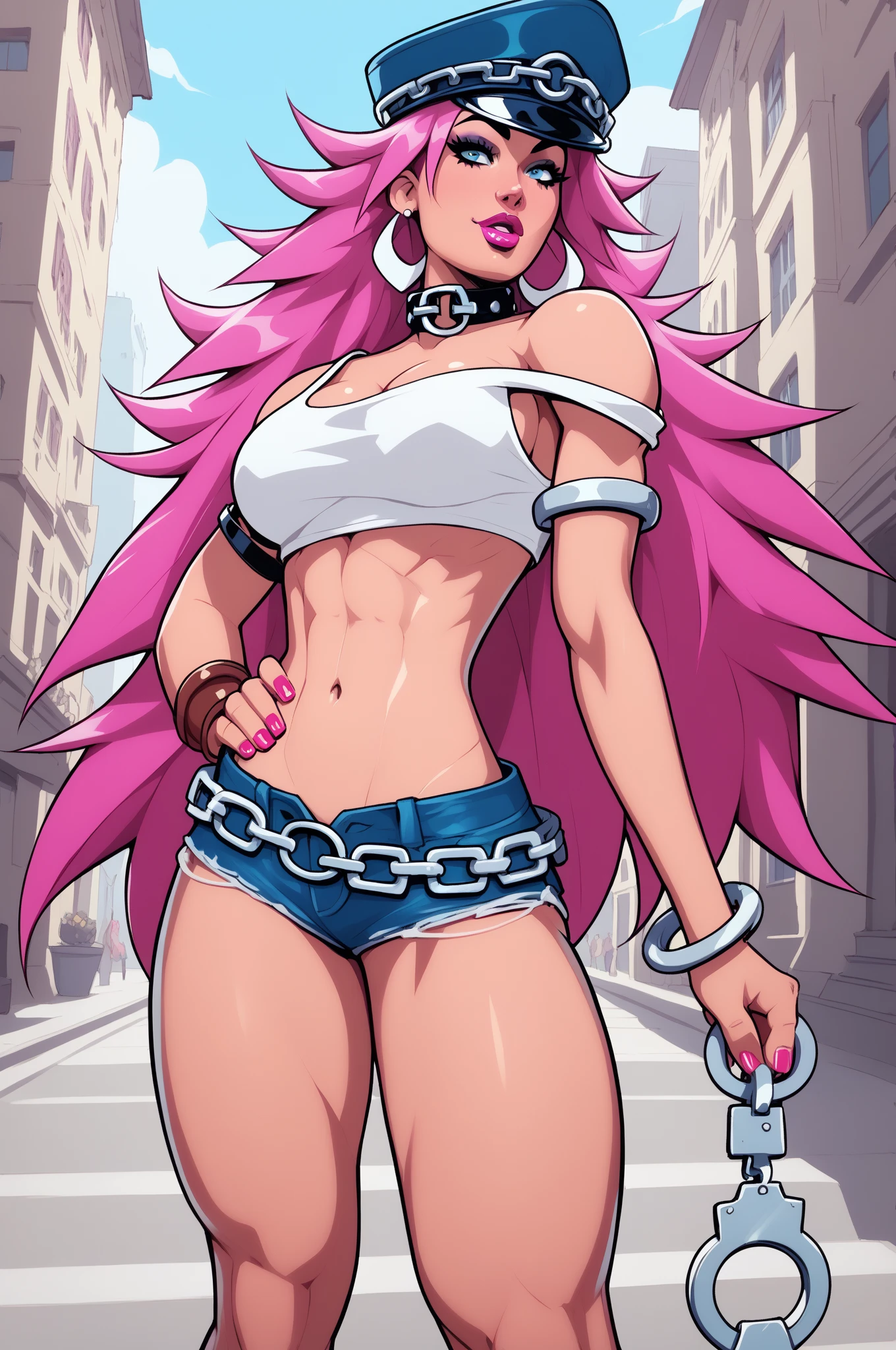 masterpiece, Ultra -HD, 8K, digital anime, bedroom alone, crossdresser alone, no muscle, pink long hair of pink emphasis, gay hentai Anime, Tall,17 old a boy, make a bicep on your right arms, Small breasts, one beautiful a boy, pink lipstick, blushing face, Fair skin, Black police hat with skull and crossbones, transparent clothes, white tank top emphasis, Actually male, Breast visible, see-through breasts, belly button exposed, black micro shorts, crotch emphasis, sexy fish nets, legs spread, lovestruck face, sexy pose, The crotch bulges a lot, The crotch bulges a lot, Handcuffs are hanging from his denim shorts, 2 arms, 2 legs, black high heels